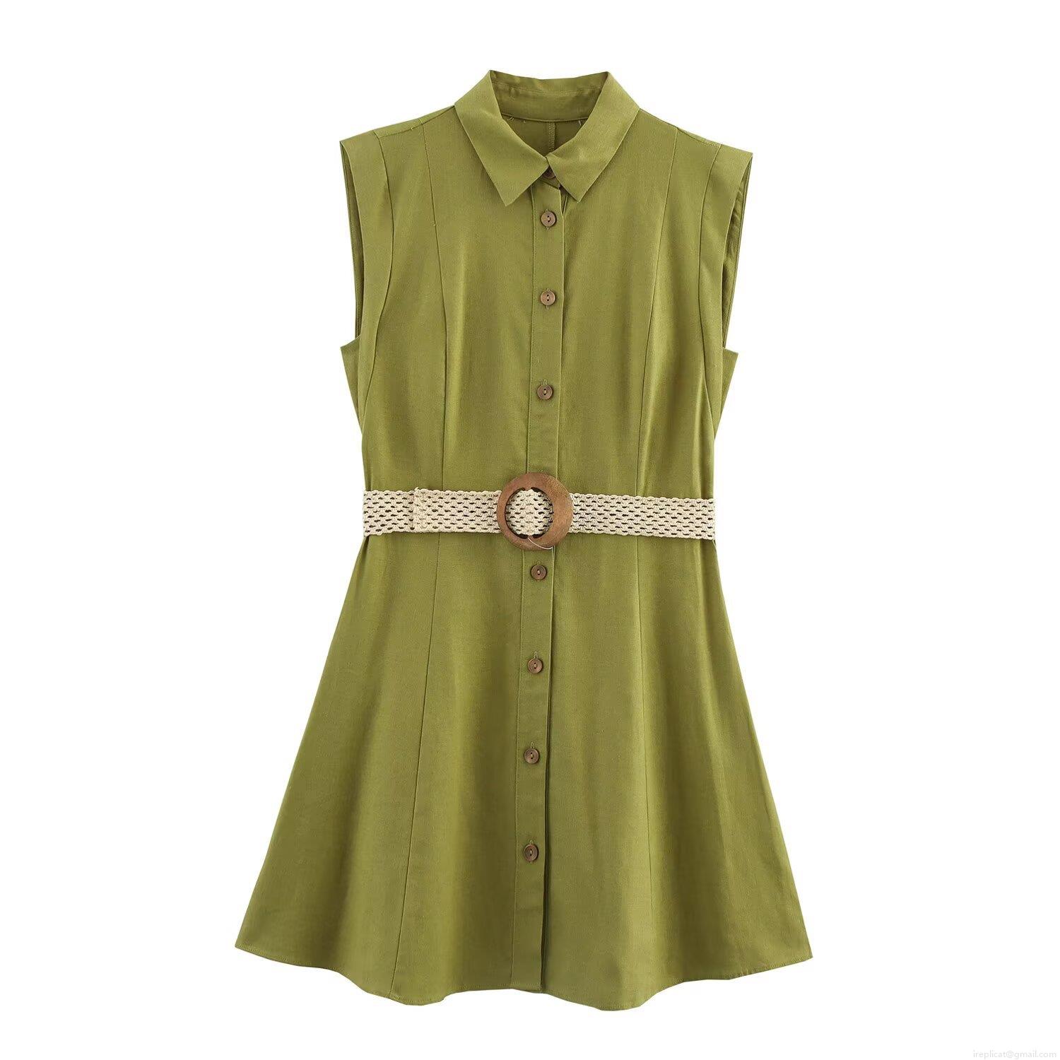 Women Summer Sleeveless Linen Blend Shirt Dress French Vintage Midi Dress With Woven Belt And Wood Buttons For Casual Vacation