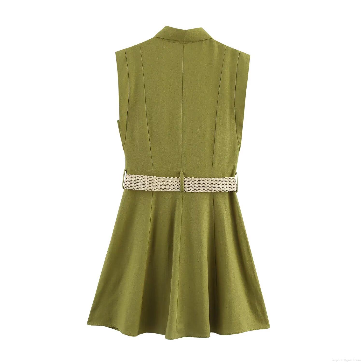 Women Summer Sleeveless Linen Blend Shirt Dress French Vintage Midi Dress With Woven Belt And Wood Buttons For Casual Vacation