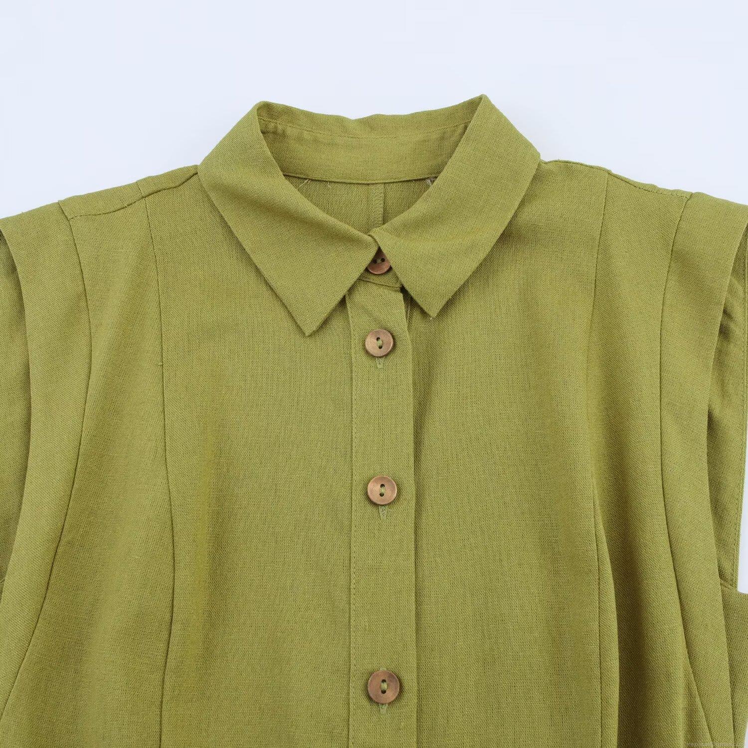 Women Summer Sleeveless Linen Blend Shirt Dress French Vintage Midi Dress With Woven Belt And Wood Buttons For Casual Vacation