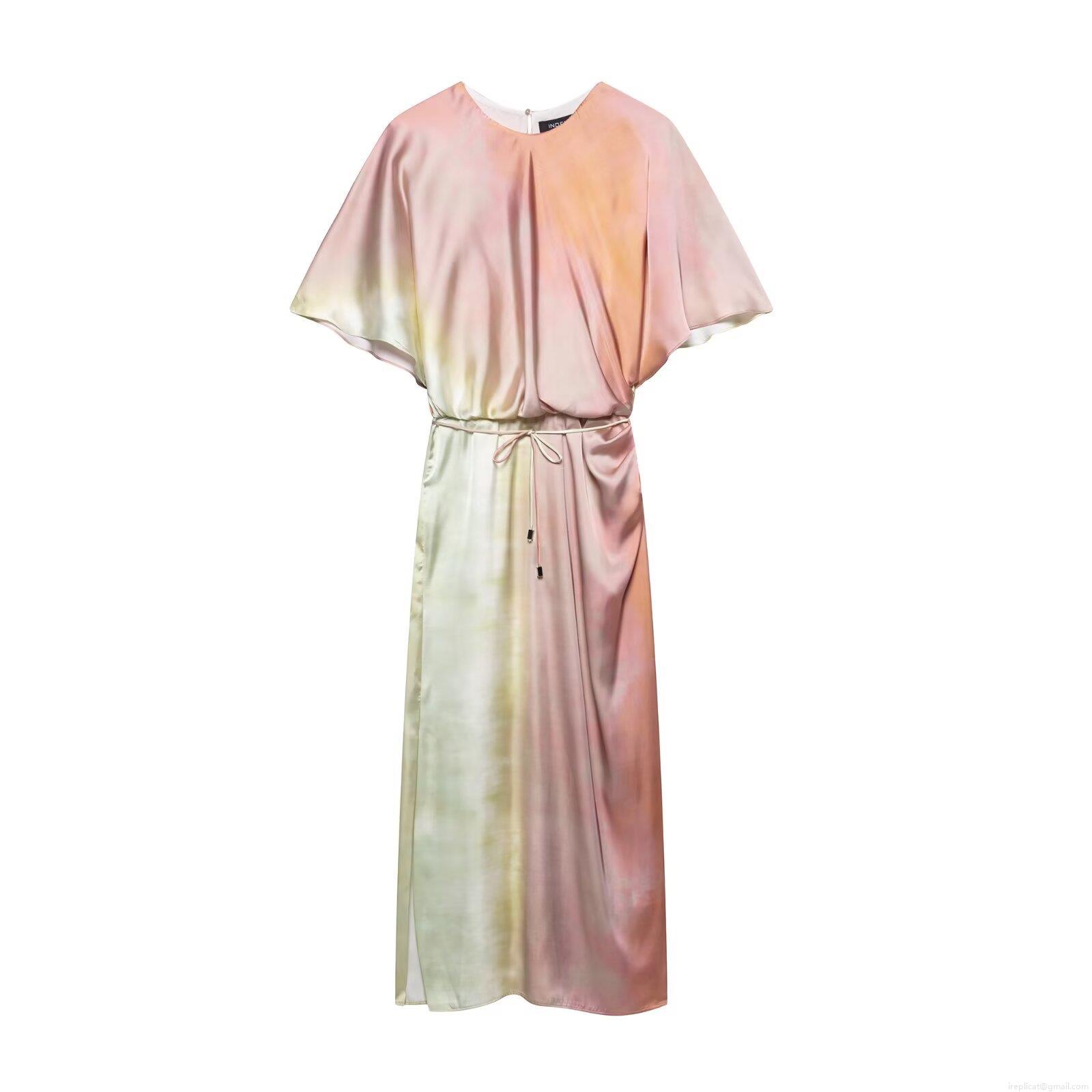 Women's Satin Tie-Dye Gradient Maxi Dress Elegant Short Batwing Sleeve Round Neck Drawstring Waist Long Dress For Party Vacation Summer Spring Fashion Women's Satin Tie-Dye Gradient Maxi Dress Elegant Short Batwing Sleeve Round Neck Drawstring Waist Long Dress For Party Vacation Summer Spring Fashion