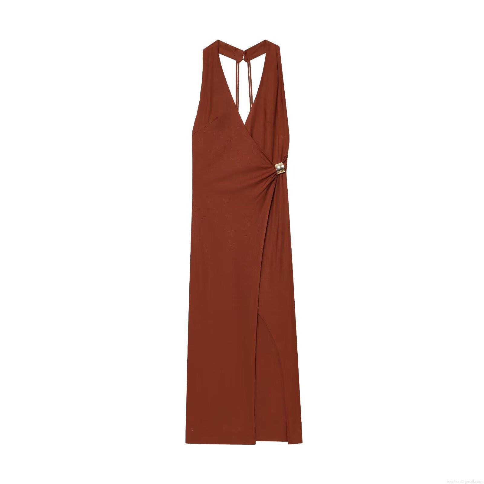 Women's Elegant Halter Deep V Neck Midi Dress With Metallic Ring Pleated High Slit Backless Faux Linen Polyester Dress For Party Wedding Vacation Women's Elegant Halter Deep V Neck Midi Dress With Metallic Ring Pleated High Slit Backless Faux Linen Polyester Dress For Party Wedding Vacation