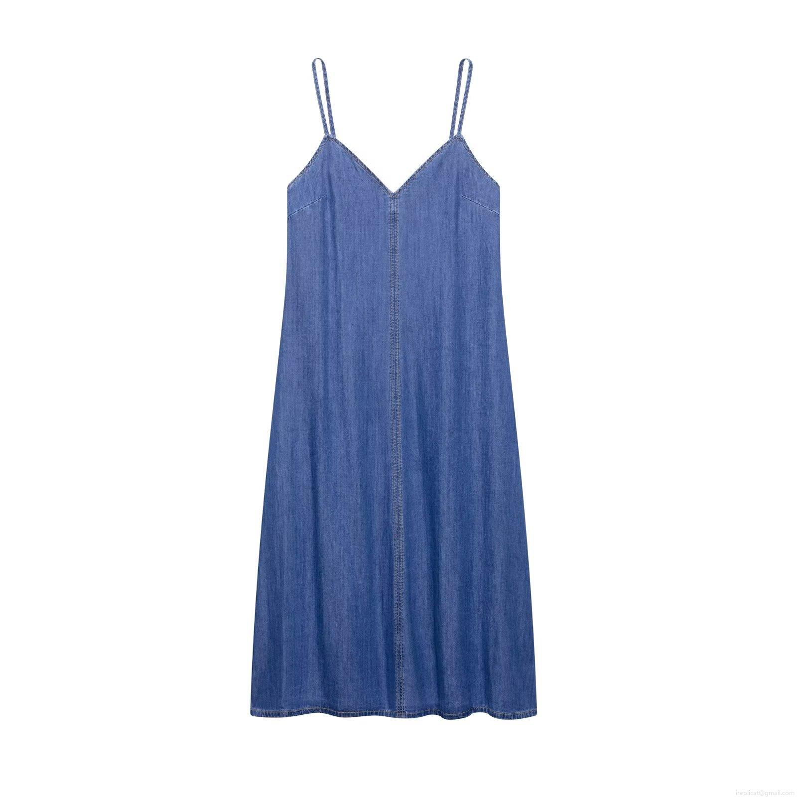 Women's Elegant Denim Midi Dress V-Neck Spaghetti Strap Sleeveless Polyester Blend Slim Fit Summer Casual Backless Party Dress Women's Elegant Denim Midi Dress V-Neck Spaghetti Strap Sleeveless Polyester Blend Slim Fit Summer Casual Backless Party Dress