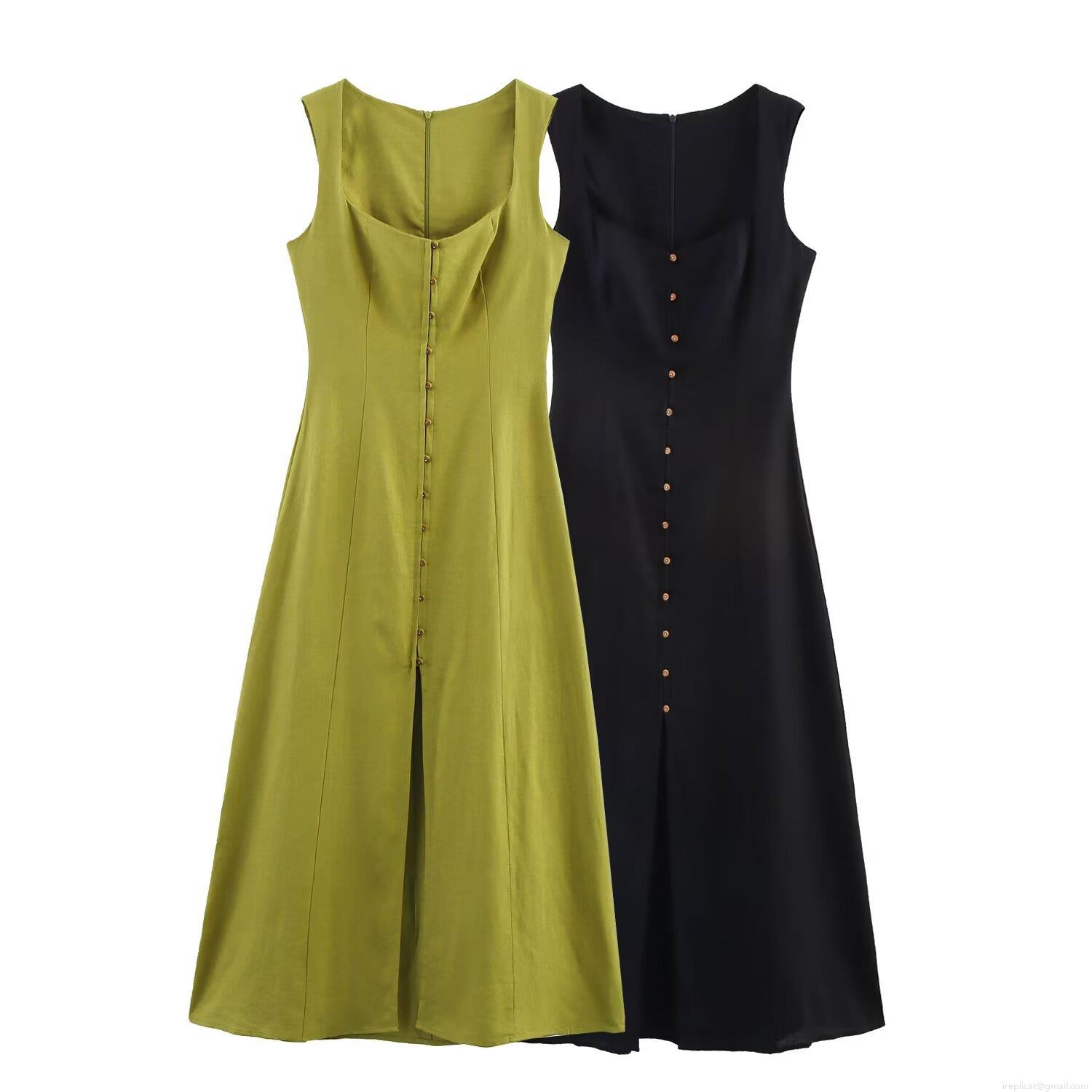French Vintage Women's Linen Blend Sleeveless Midi Dress Square Neck Button Front Side Split Elegant Casual Party Dress French Vintage Women's Linen Blend Sleeveless Midi Dress Square Neck Button Front Side Split Elegant Casual Party Dress
