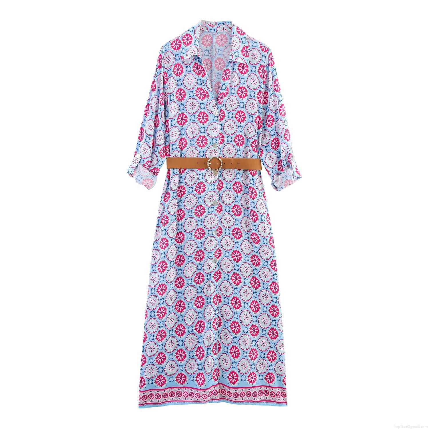 Women\'s Vacation Printed Long Sleeve Midi Dress With Brown Leather Belt Elegant Lapel Single Breasted Geometric Floral Maxi Shirt Dress For Spring Summer Beach Holiday Women\'s Vacation Printed Long Sleeve Midi Dress With Brown Leather Belt Elegant Lapel Single Breasted Geometric Floral Maxi Shirt Dress For Spring Summer Beach Holiday