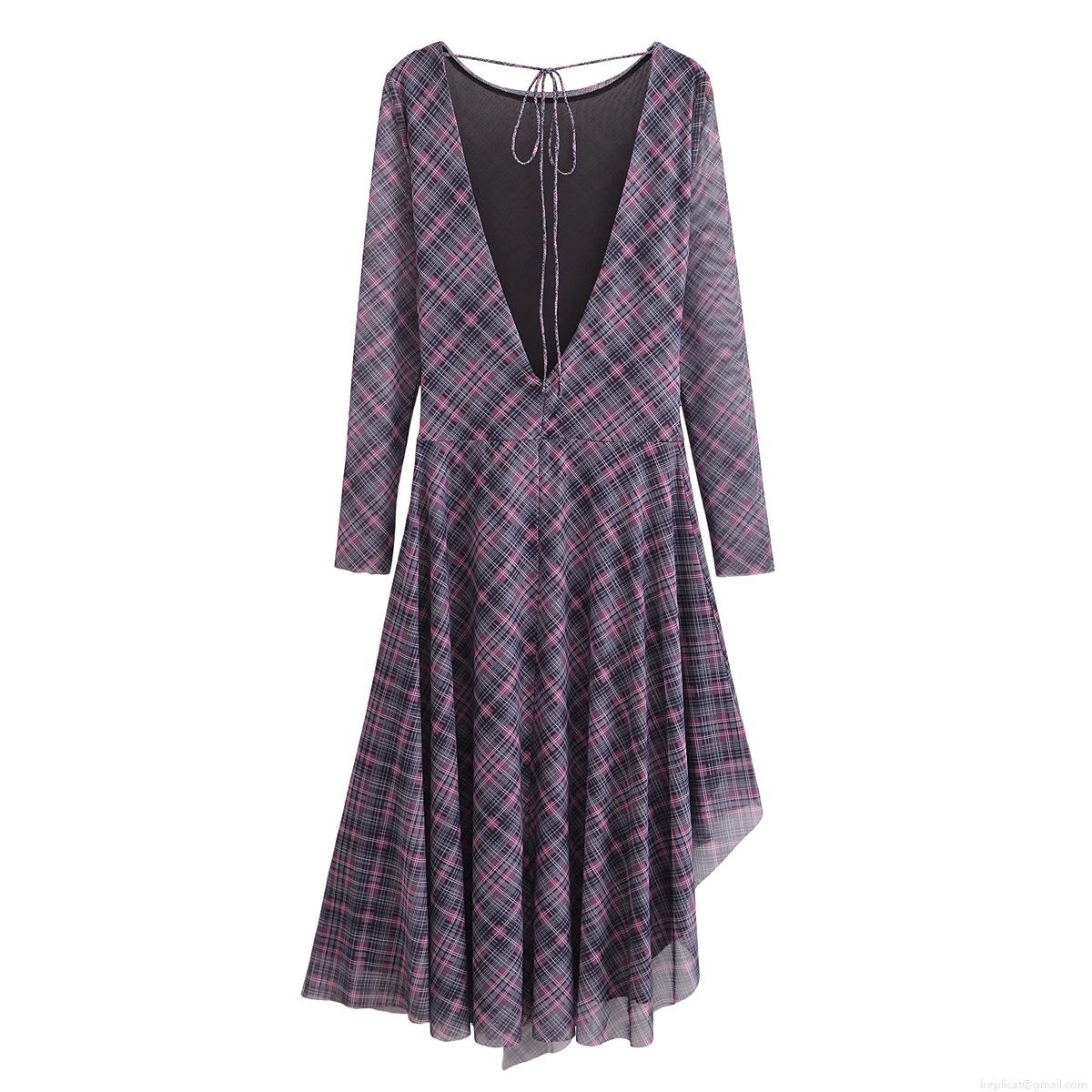 Elegant Women's Purple Plaid Mesh Dress Backless V-Neck Lace-Up Asymmetric Hem Ruffle Long Sleeve Polyester Dress For Party Fashion Elegant Women's Purple Plaid Mesh Dress Backless V-Neck Lace-Up Asymmetric Hem Ruffle Long Sleeve Polyester Dress For Party Fashion