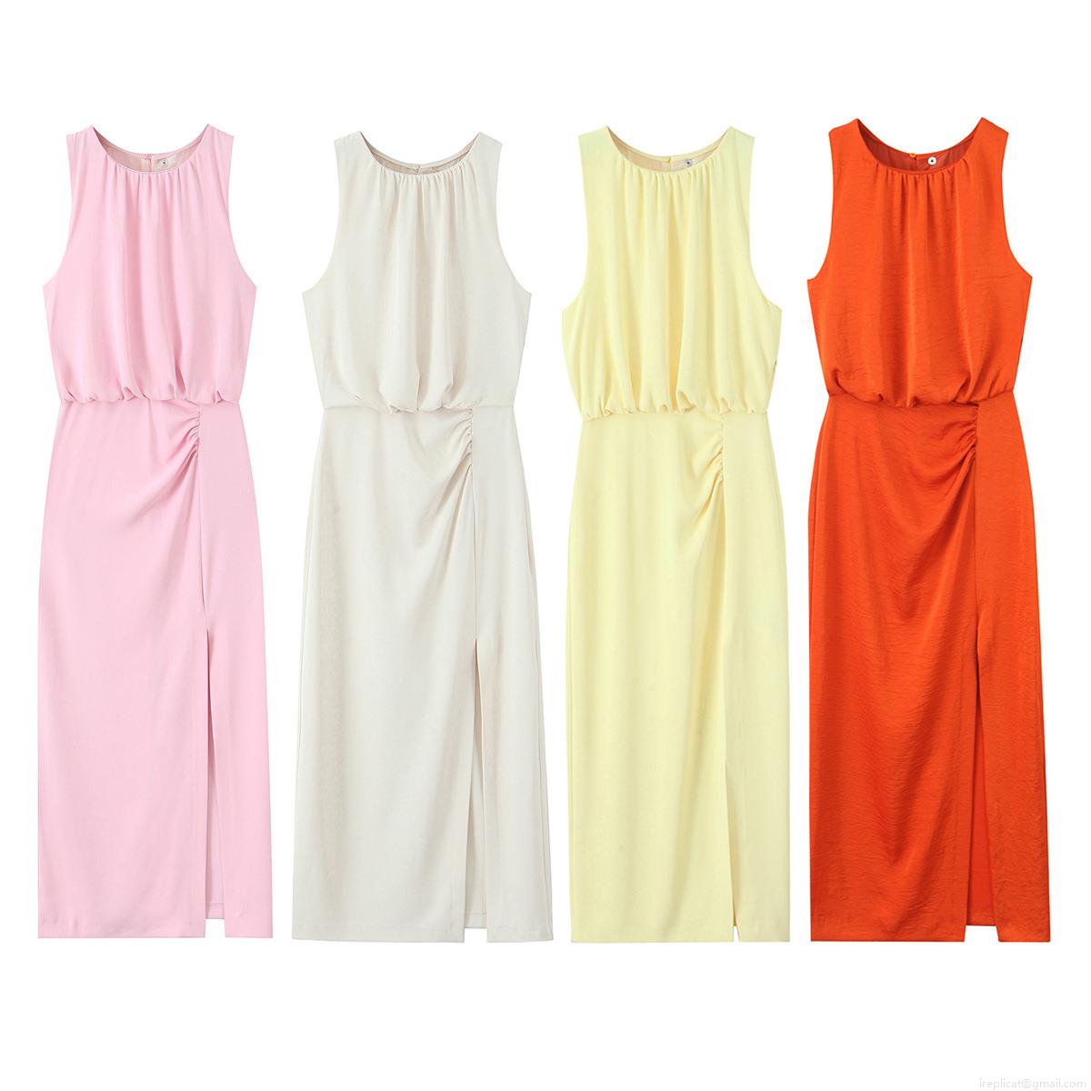 Women\'s Elegant Polyester Satin Ruched Sleeveless Midi Dress Round Neck Side Slit Evening Party Cocktail Gown Summer Wedding Guest Slim Outfits