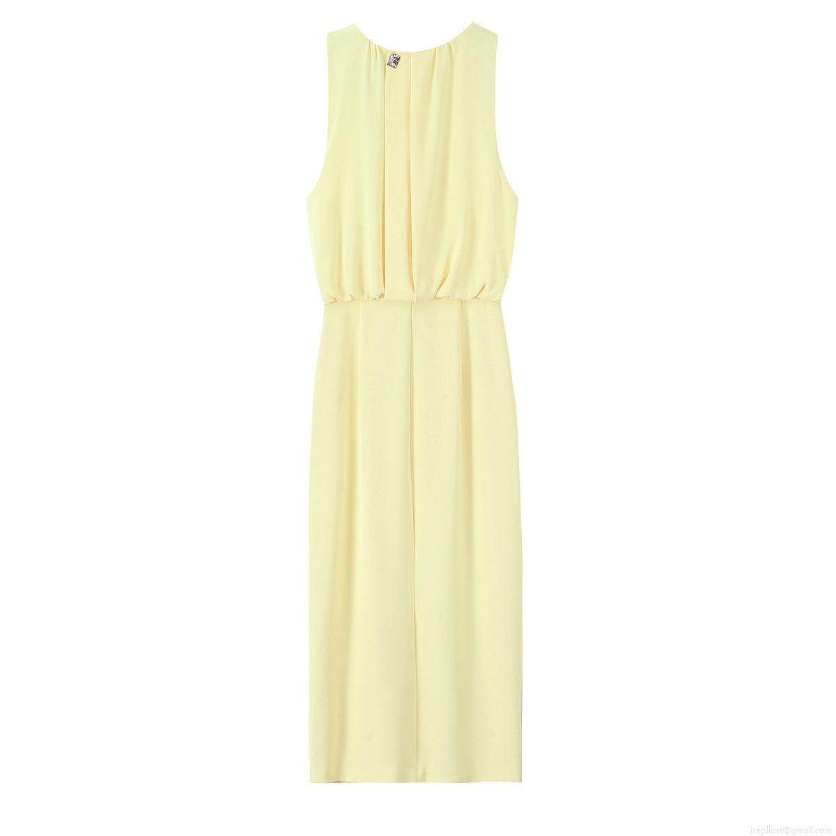 Women\'s Elegant Polyester Satin Ruched Sleeveless Midi Dress Round Neck Side Slit Evening Party Cocktail Gown Summer Wedding Guest Slim Outfits