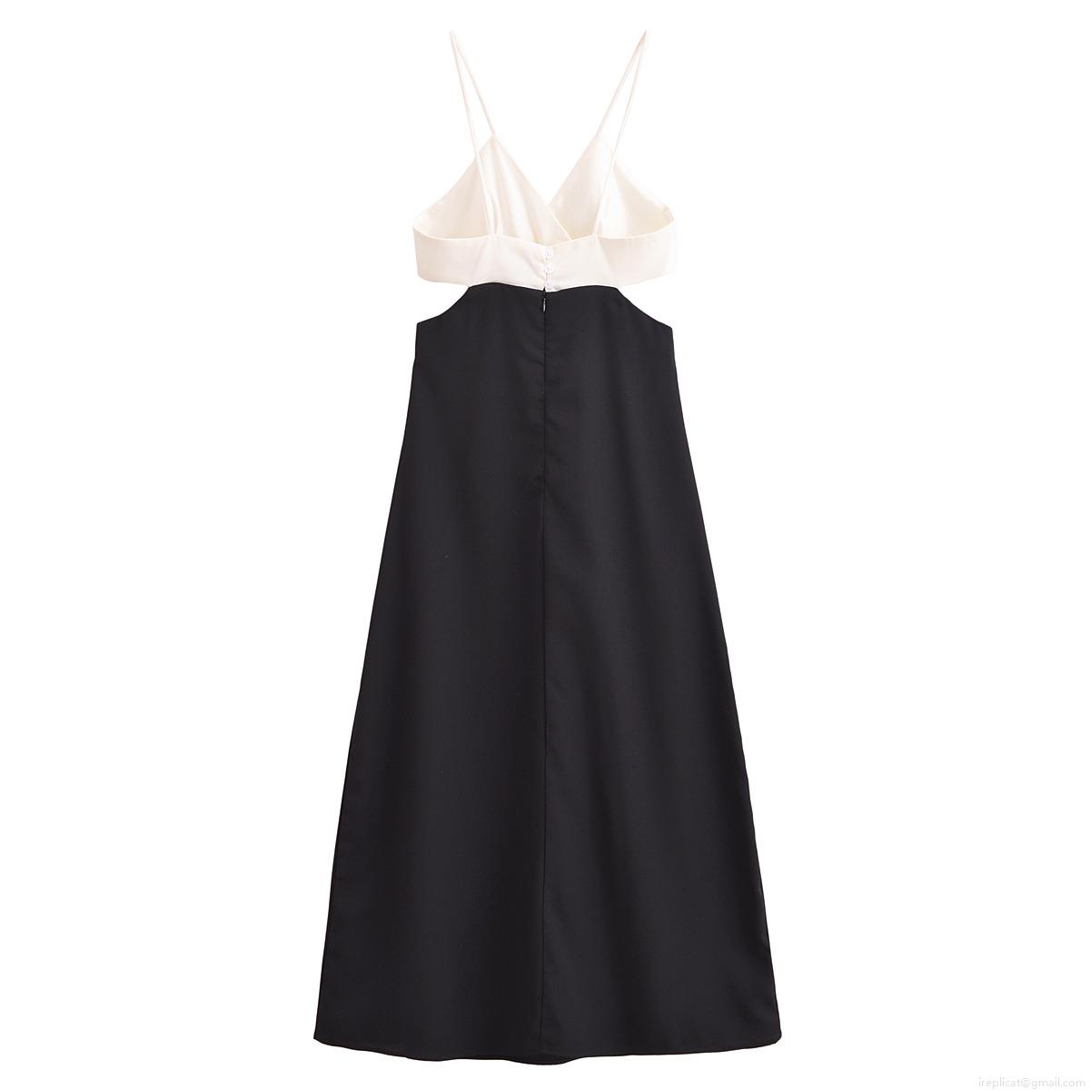 Women\'s Black and White Color Block Midi Dress Elegant Cut Out Waist V Neck Sleeveless Satin Polyester Evening Party Socialite Sling Dress