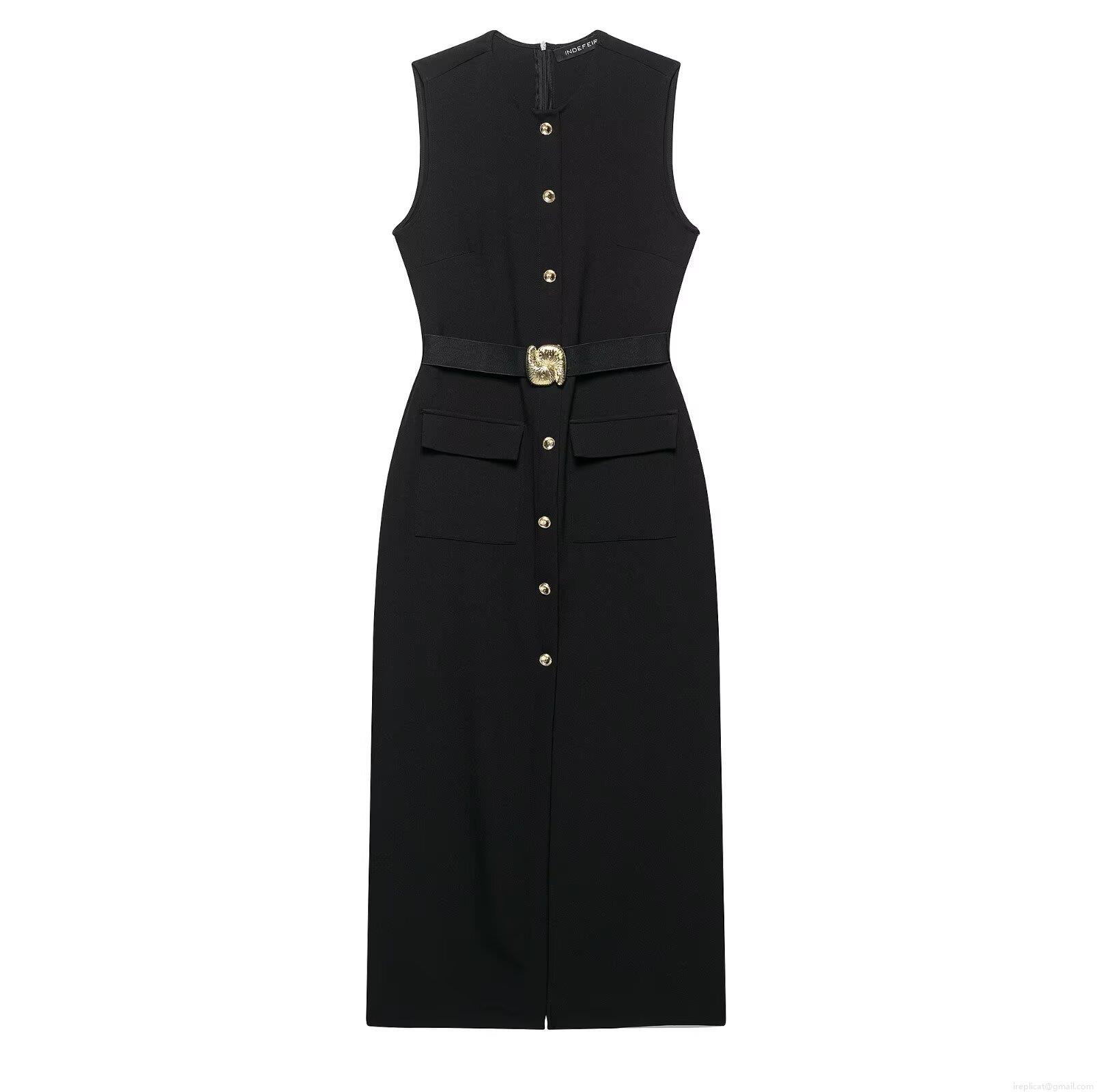 Women's Elegant Sleeveless Midi Dress With Gold Buttons And Waist Belt Solid Black Crepe Crew Neck Slim Fit Party Office Dress Women's Elegant Sleeveless Midi Dress With Gold Buttons And Waist Belt Solid Black Crepe Crew Neck Slim Fit Party Office Dress