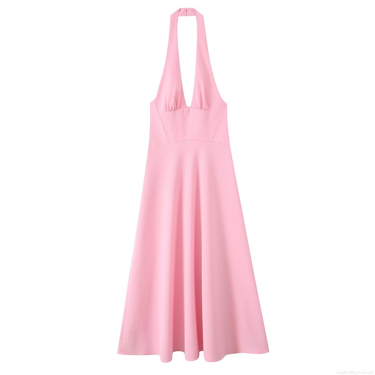Women's Elegant Pink Halter Neck Midi Dress Sexy Deep V Neck Backless A-Line Swing Skirt Polyester Slim Fit Dress For Party Wedding Guest Vacation Women's Elegant Pink Halter Neck Midi Dress Sexy Deep V Neck Backless A-Line Swing Skirt Polyester Slim Fit Dress For Party Wedding Guest Vacation