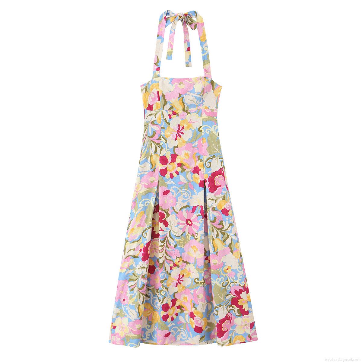Women's Elegant Floral Print Halter Midi Dress Sleeveless Backless A-Line Swing Dress With Bow Tie For Summer Beach Vacation Party Women's Elegant Floral Print Halter Midi Dress Sleeveless Backless A-Line Swing Dress With Bow Tie For Summer Beach Vacation Party