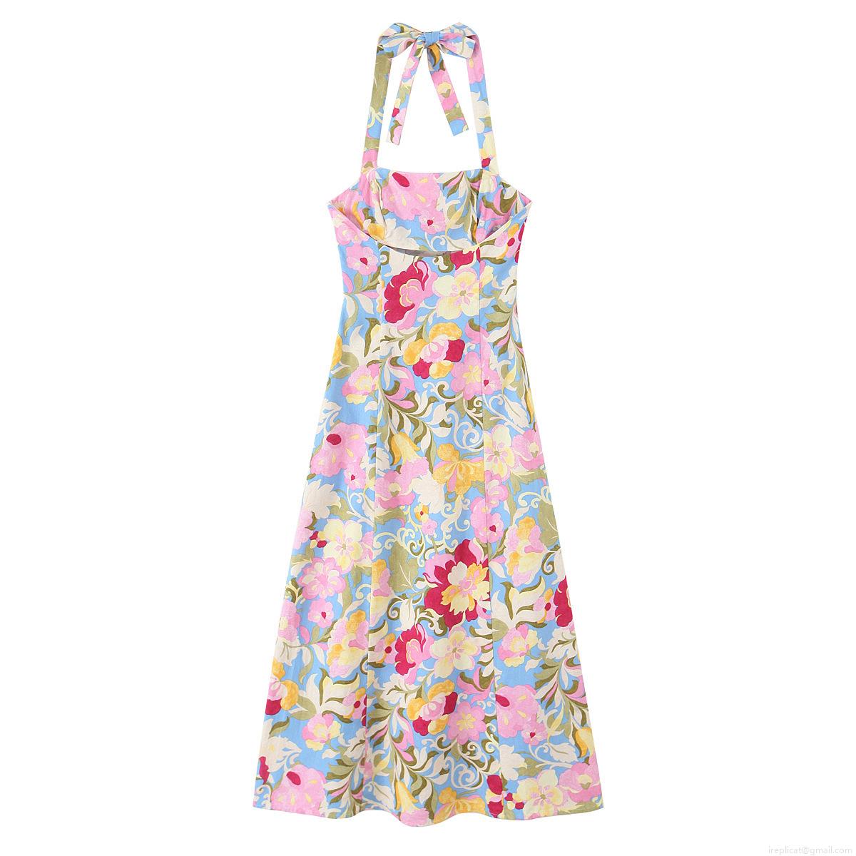Women\'s Elegant Floral Print Halter Midi Dress Sleeveless Backless A-Line Swing Dress With Bow Tie For Summer Beach Vacation Party