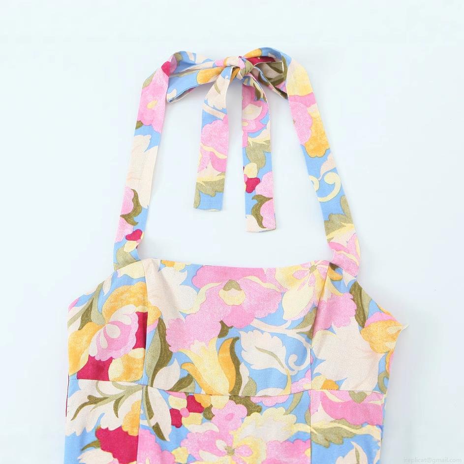 Women\'s Elegant Floral Print Halter Midi Dress Sleeveless Backless A-Line Swing Dress With Bow Tie For Summer Beach Vacation Party