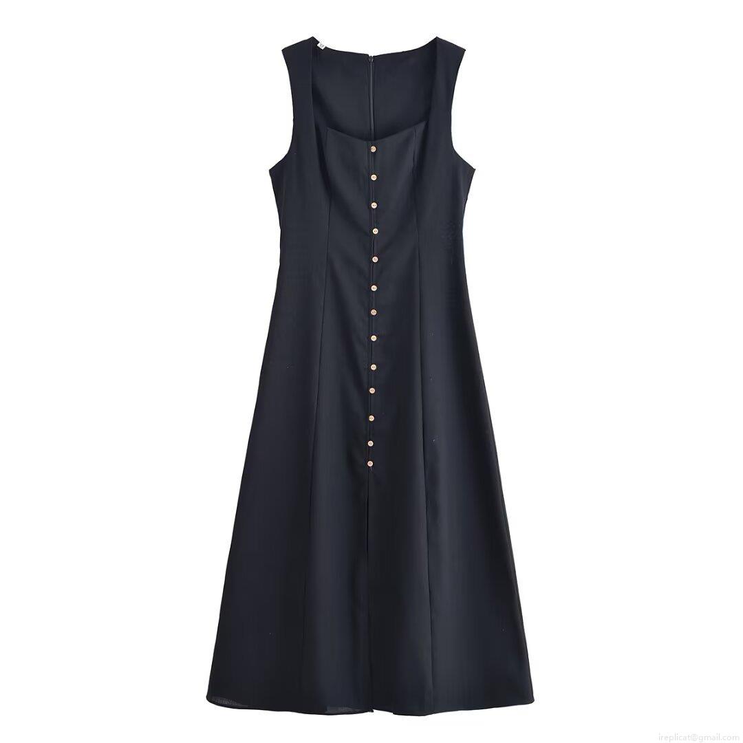 Women Elegant Square Neck Sleeveless Midi Dress Polyester Linen Blend Waist Cinched Front Button Side Slit A-Line Party Dress For Ladies Fashion Summer Autumn Clothing Women Elegant Square Neck Sleeveless Midi Dress Polyester Linen Blend Waist Cinched Front Button Side Slit A-Line Party Dress For Ladies Fashion Summer Autumn Clothing