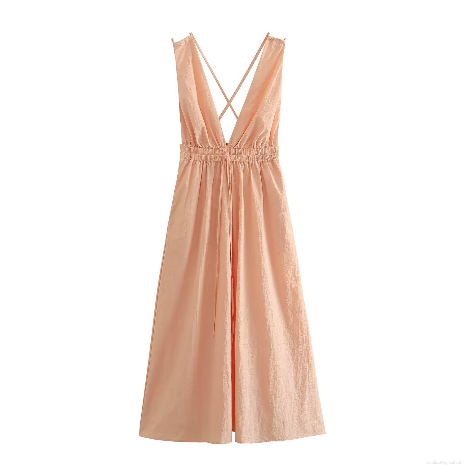 Women Sexy Deep V Neck Backless Midi Dress Elegant Cross Strap High Waist Split Hem Solid Color Sleeveless Long Dress For Summer Party Evening Vacation