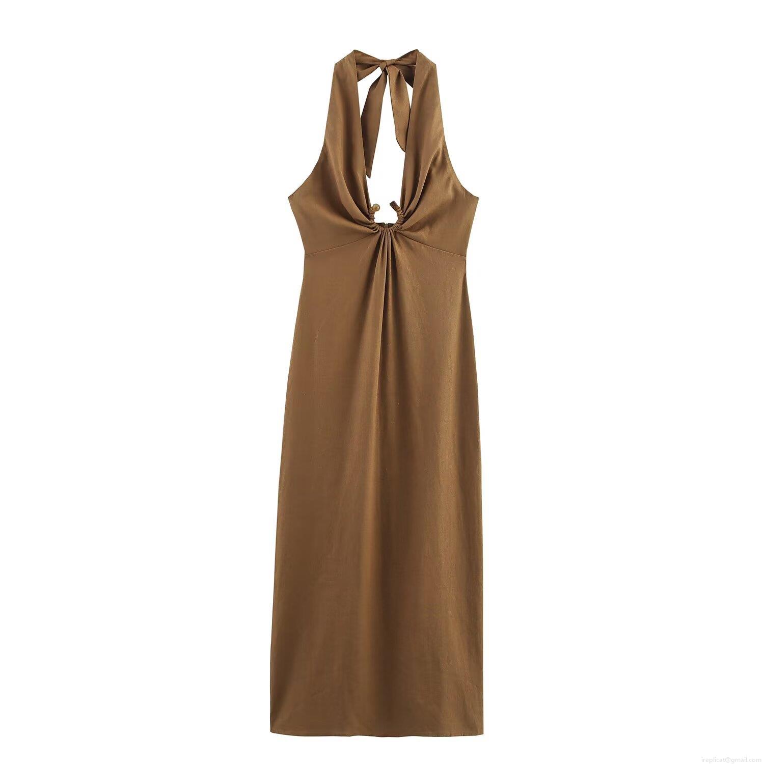 Elegant Women Halter Midi Dress Pleated Deep V-neck Backless Linen Blend Sexy Sleeveless Long Dress For Evening Party Vacation Elegant Women Halter Midi Dress Pleated Deep V-neck Backless Linen Blend Sexy Sleeveless Long Dress For Evening Party Vacation