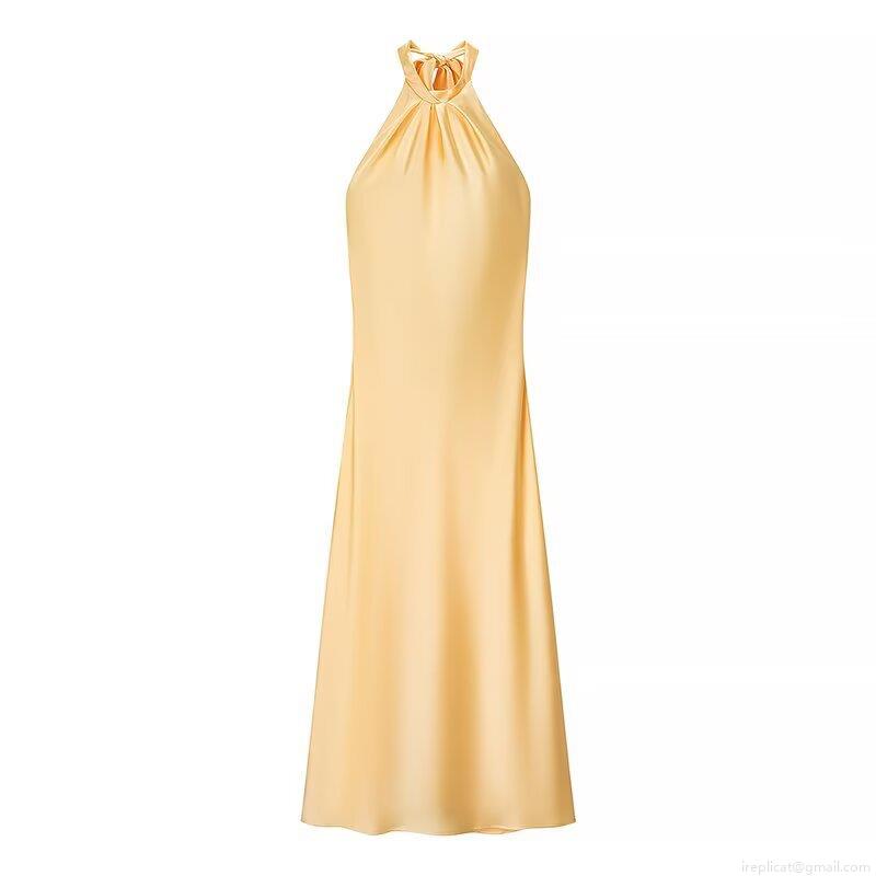 Women's Elegant Satin Halter Neck Midi Dress Backless Champagne Gold Silk-Like A-Line Long Dress For Party Evening Wedding Guest Women's Elegant Satin Halter Neck Midi Dress Backless Champagne Gold Silk-Like A-Line Long Dress For Party Evening Wedding Guest