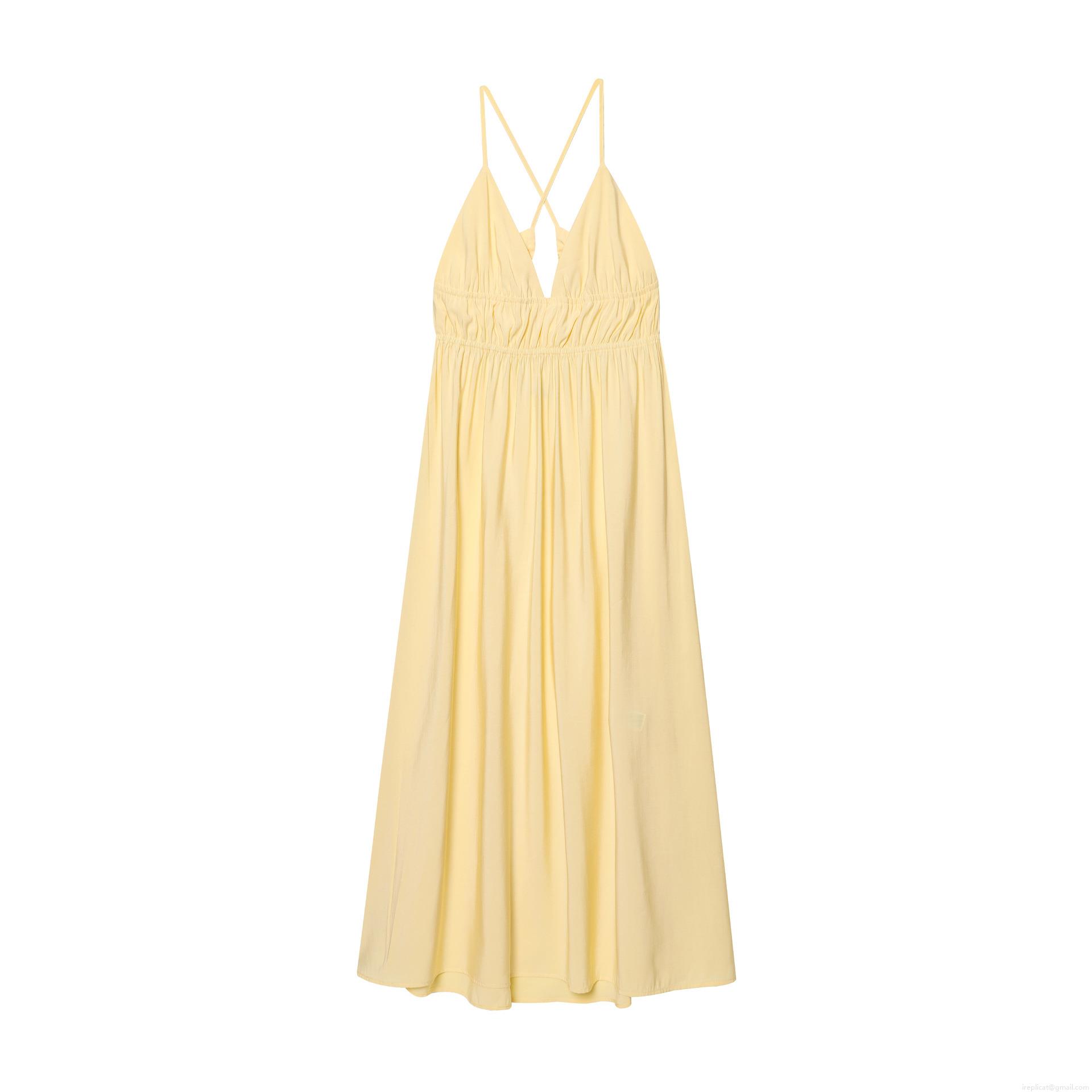 Women's V Neck Ruched Midi Cami Dress 100% Polyester Backless Cross Straps Drawstring Elegant Summer Party Evening Long Dress For Women Women's V Neck Ruched Midi Cami Dress 100% Polyester Backless Cross Straps Drawstring Elegant Summer Party Evening Long Dress For Women