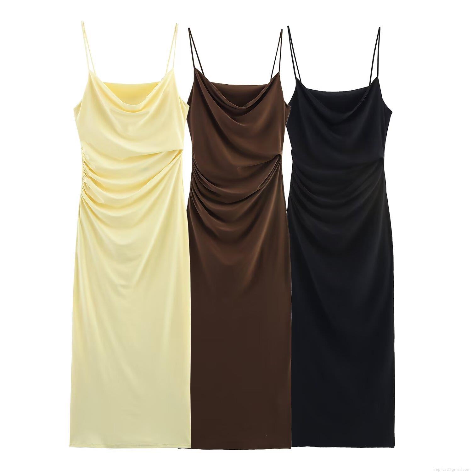 Women Elegant Ruched Satin Midi Dress Sexy Cowl Neck Spaghetti Strap Backless Long Slip Dress For Party Cocktail Clubwear Women Elegant Ruched Satin Midi Dress Sexy Cowl Neck Spaghetti Strap Backless Long Slip Dress For Party Cocktail Clubwear