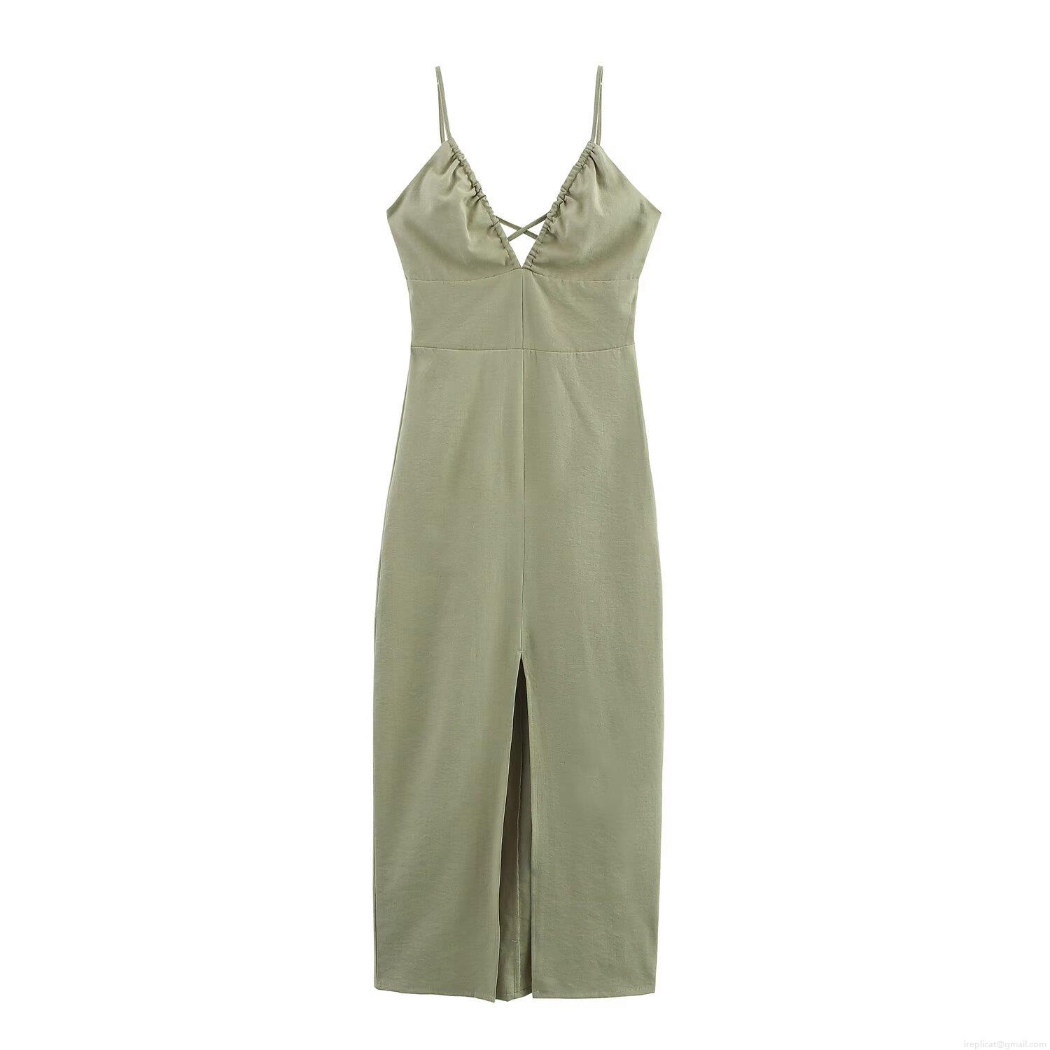 Women Elegant Sage Green Linen Blend Camisole Midi Dress V-Neck Backless Lace-Up Front Slit Summer Vacation Party Dress For Women Women Elegant Sage Green Linen Blend Camisole Midi Dress V-Neck Backless Lace-Up Front Slit Summer Vacation Party Dress For Women
