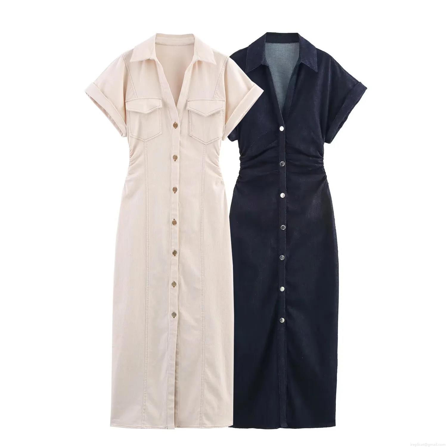 Women's Short Sleeve Denim Midi Dress Elegant Lapel Button-Down Shirt Dress With Pockets Slim Fit Waist Gathering Solid Color Summer Fashion Dress Women's Short Sleeve Denim Midi Dress Elegant Lapel Button-Down Shirt Dress With Pockets Slim Fit Waist Gathering Solid Color Summer Fashion Dress