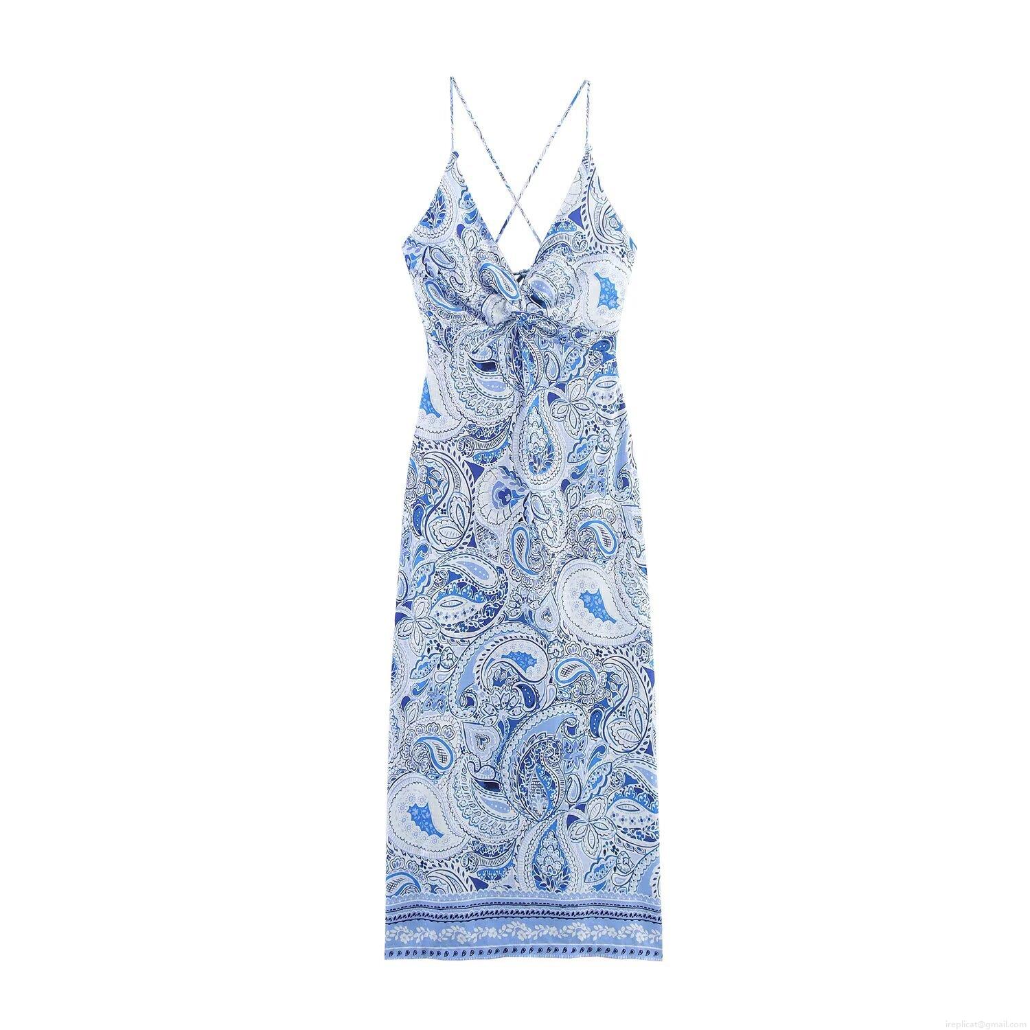 Women Bohemian Blue Paisley Print Linen Blend Midi Dress V Neck Halter Backless Split Summer Vacation Beach Long Dress Women Bohemian Blue Paisley Print Linen Blend Midi Dress V Neck Halter Backless Split Summer Vacation Beach Long Dress