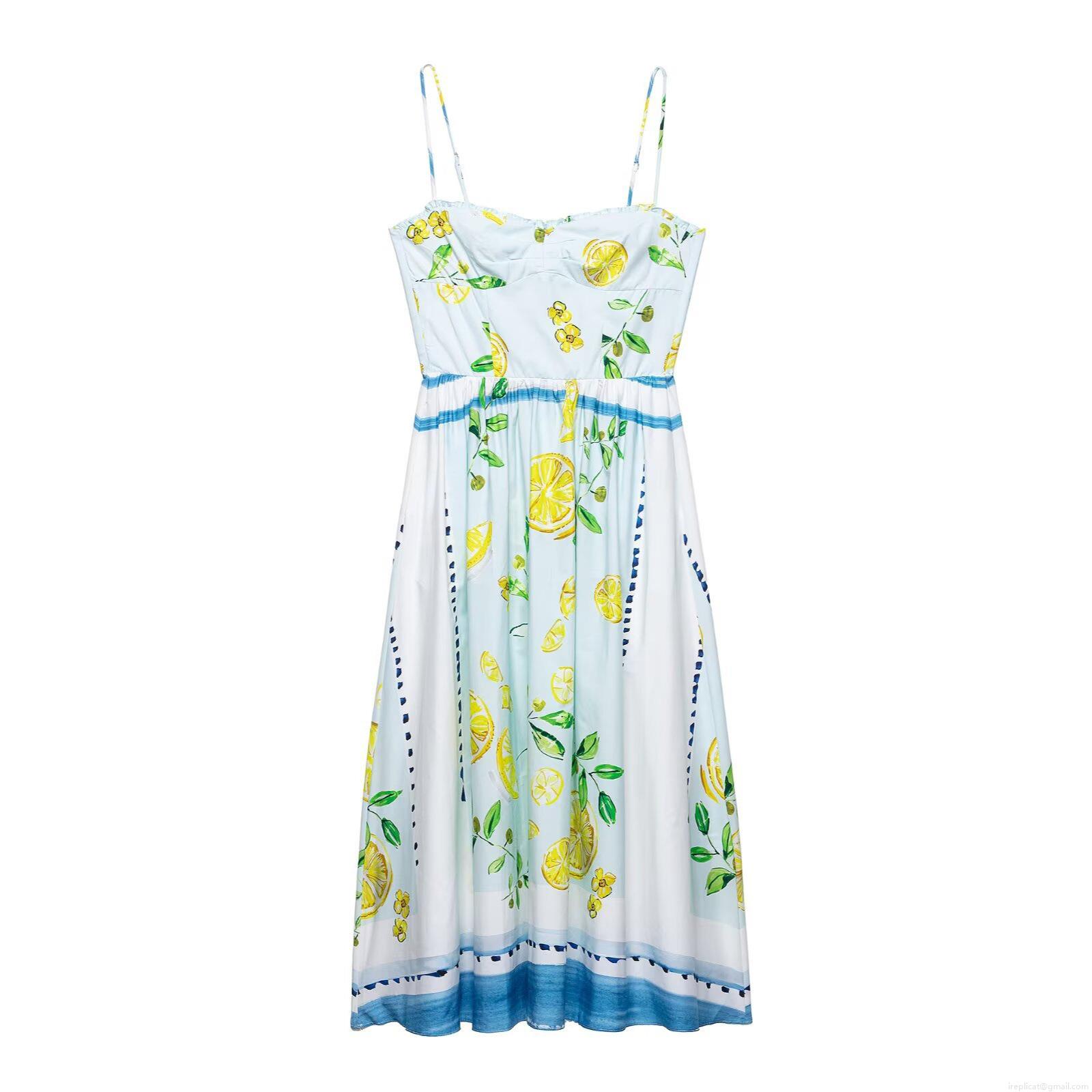 Women's Summer Lemon Print Slip Midi Dress 100% Polyester Backless Bow Tie A-Line Vacation Sun Dress For Ladies Women's Summer Lemon Print Slip Midi Dress 100% Polyester Backless Bow Tie A-Line Vacation Sun Dress For Ladies