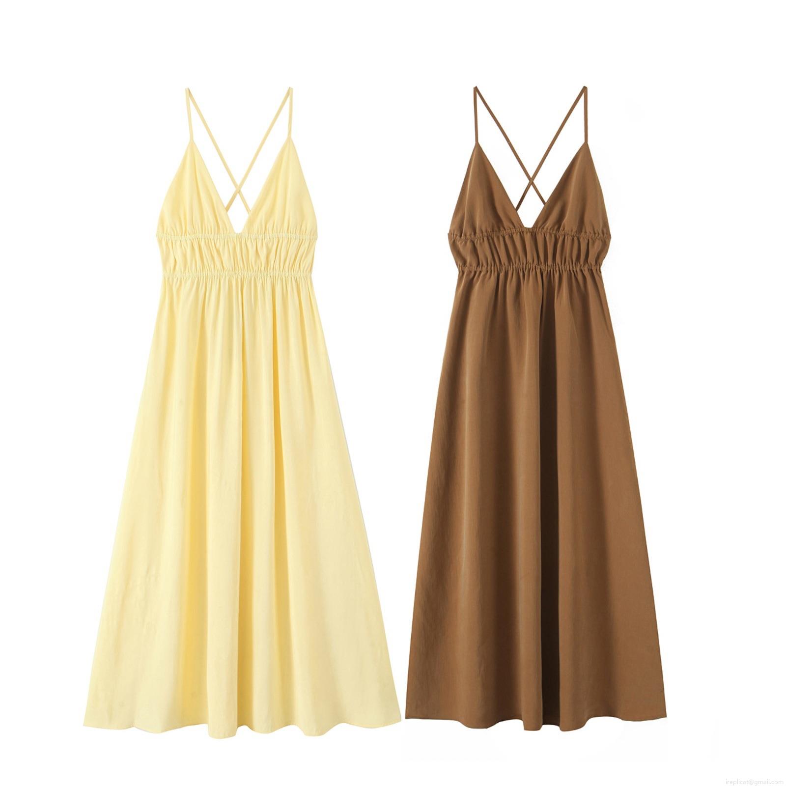 Elegant Women's V-Neck Sleeveless Cami Midi Dress Solid Color Cross Back Strap Ruched Waist Polyester Long Dress for Summer Party Dating Elegant Women's V-Neck Sleeveless Cami Midi Dress Solid Color Cross Back Strap Ruched Waist Polyester Long Dress for Summer Party Dating