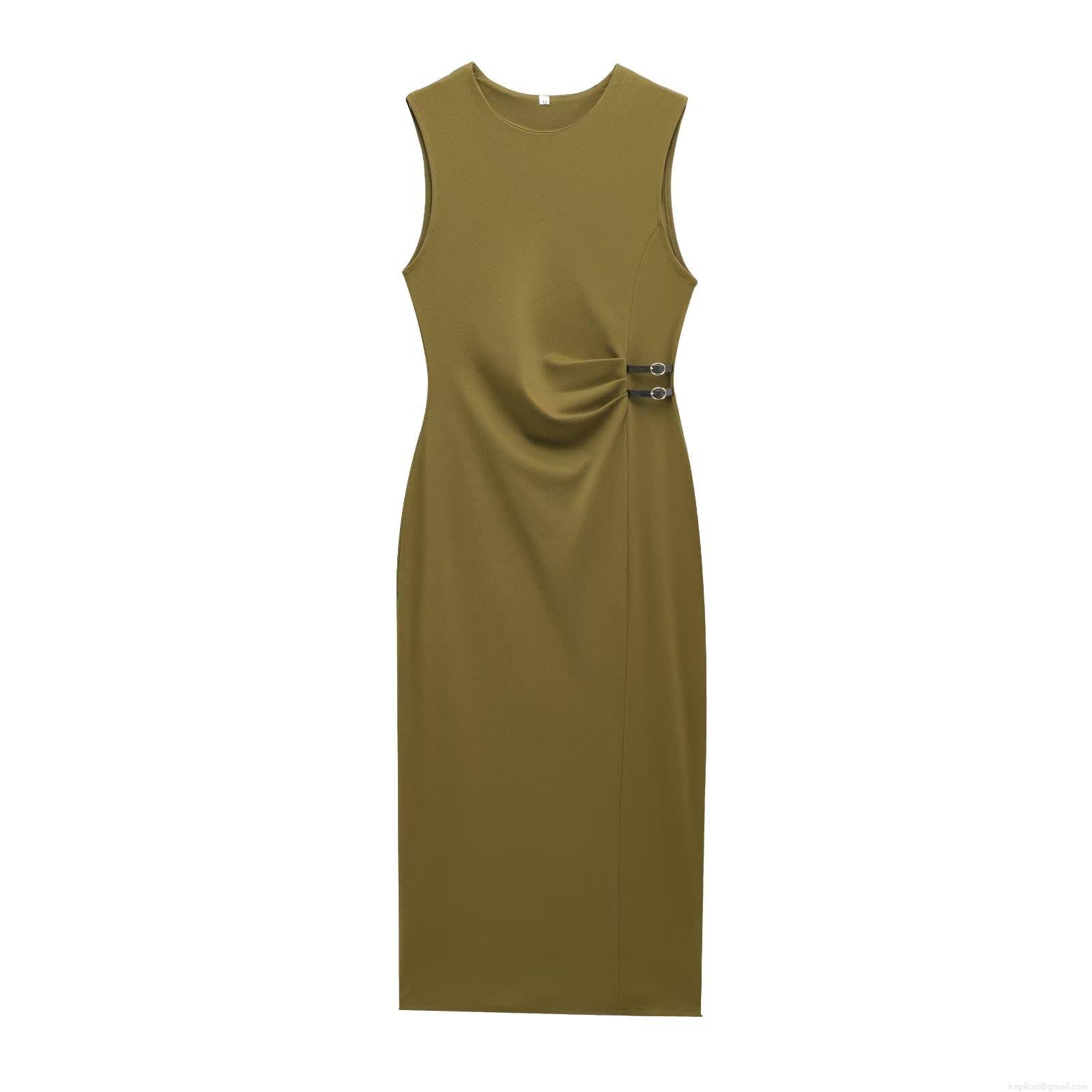Women Elegant Olive Green Sleeveless Midi Dress Polyester Ribbed Knit Solid Color Round Neck Slim Fit Party Evening Dress With Waist Button Pleats Women Elegant Olive Green Sleeveless Midi Dress Polyester Ribbed Knit Solid Color Round Neck Slim Fit Party Evening Dress With Waist Button Pleats