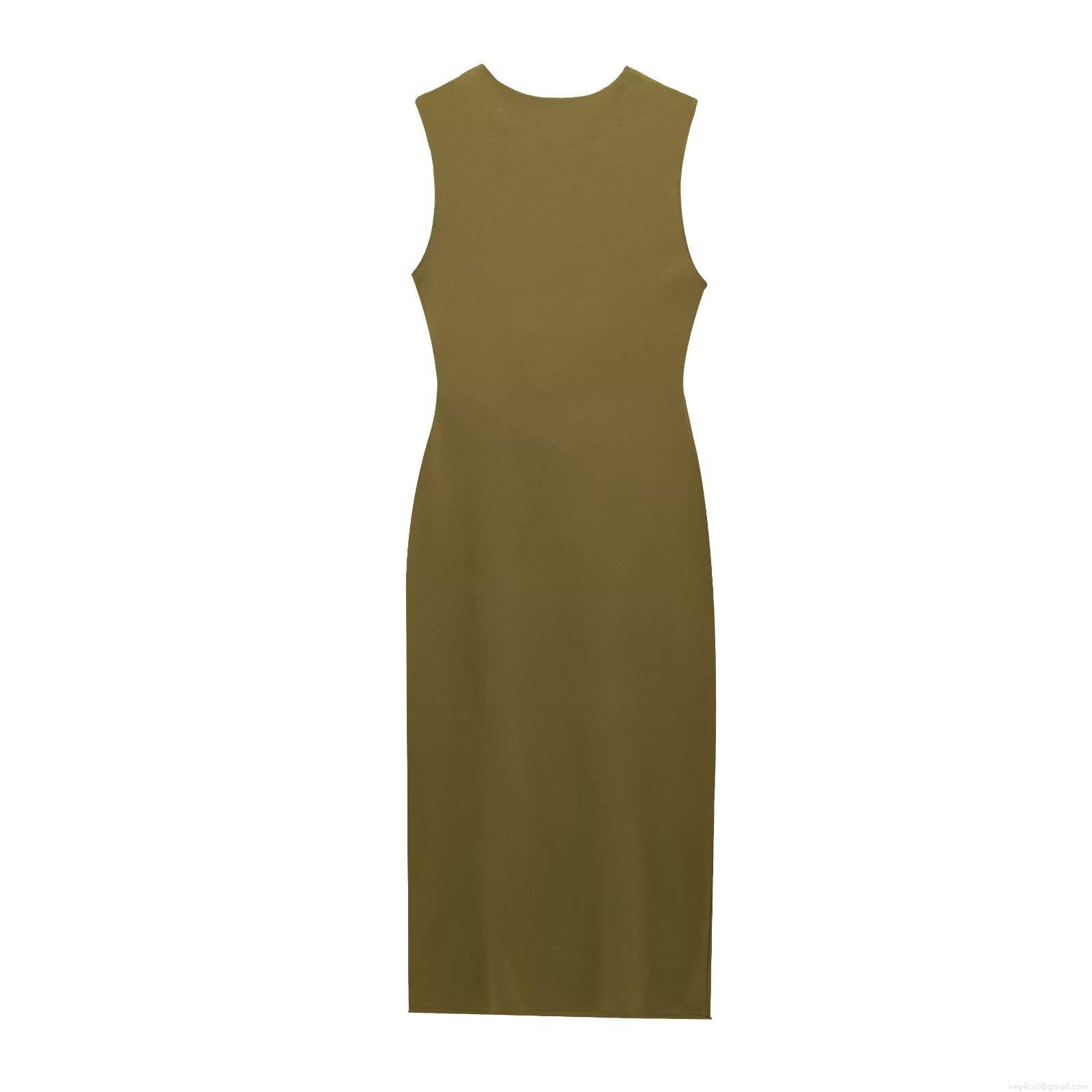 Women Elegant Olive Green Sleeveless Midi Dress Polyester Ribbed Knit Solid Color Round Neck Slim Fit Party Evening Dress With Waist Button Pleats