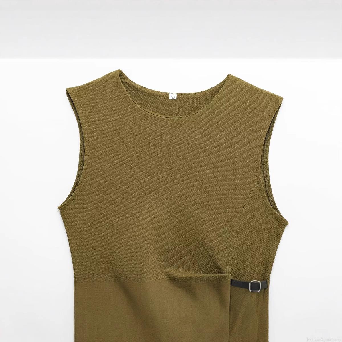 Women Elegant Olive Green Sleeveless Midi Dress Polyester Ribbed Knit Solid Color Round Neck Slim Fit Party Evening Dress With Waist Button Pleats