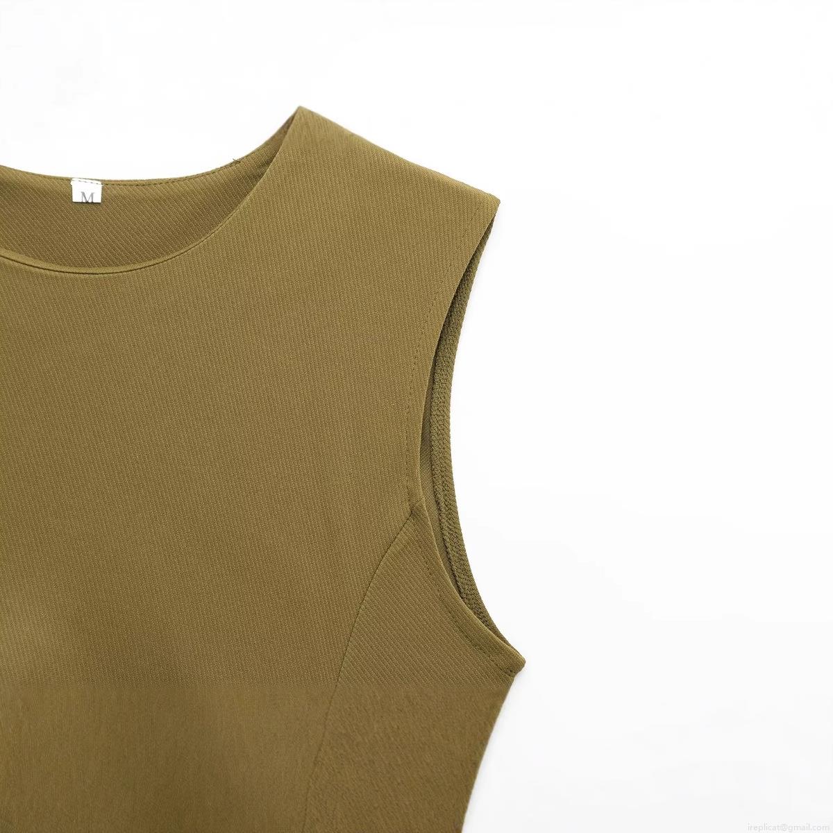 Women Elegant Olive Green Sleeveless Midi Dress Polyester Ribbed Knit Solid Color Round Neck Slim Fit Party Evening Dress With Waist Button Pleats