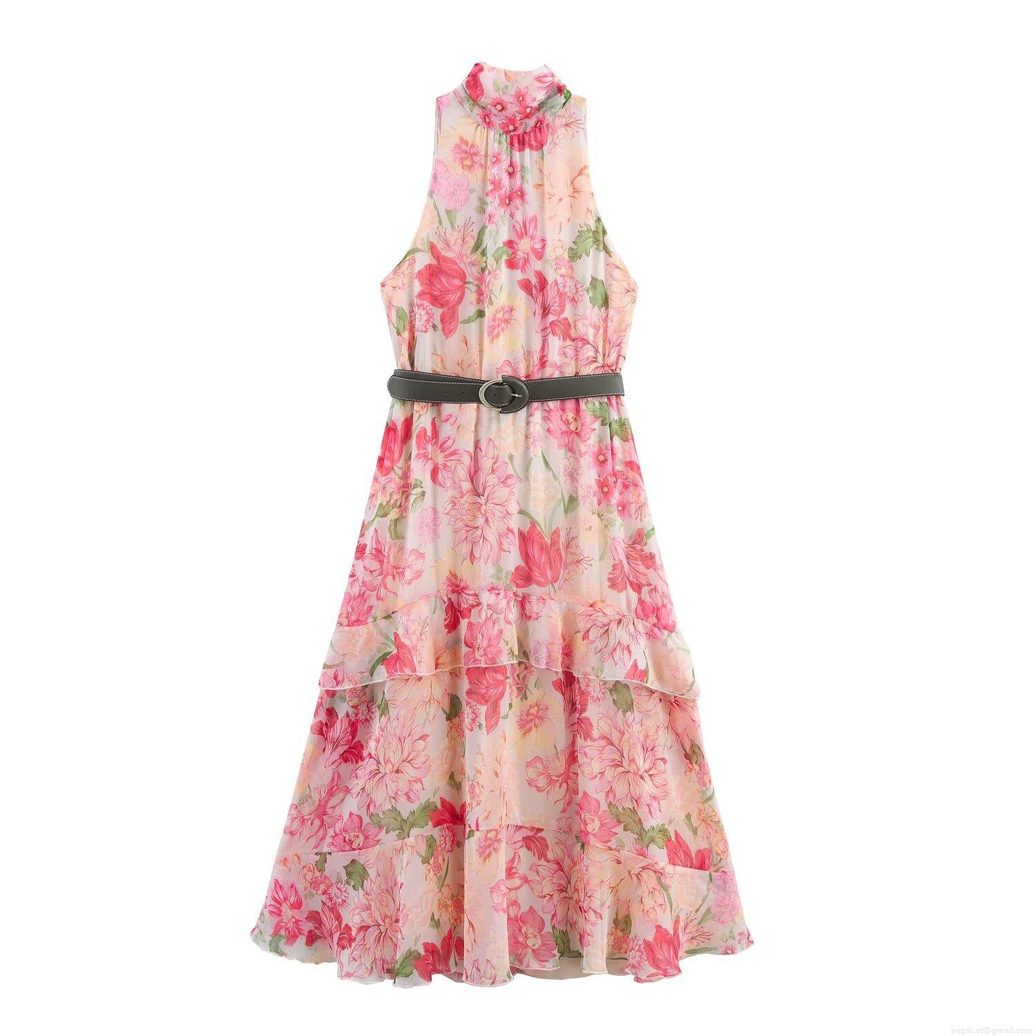 Women's Elegant Floral Print Halter Neck Midi Dress Sleeveless Layered Tiered Chiffon Long Dress With Belt For Summer Vacation Party Women's Elegant Floral Print Halter Neck Midi Dress Sleeveless Layered Tiered Chiffon Long Dress With Belt For Summer Vacation Party
