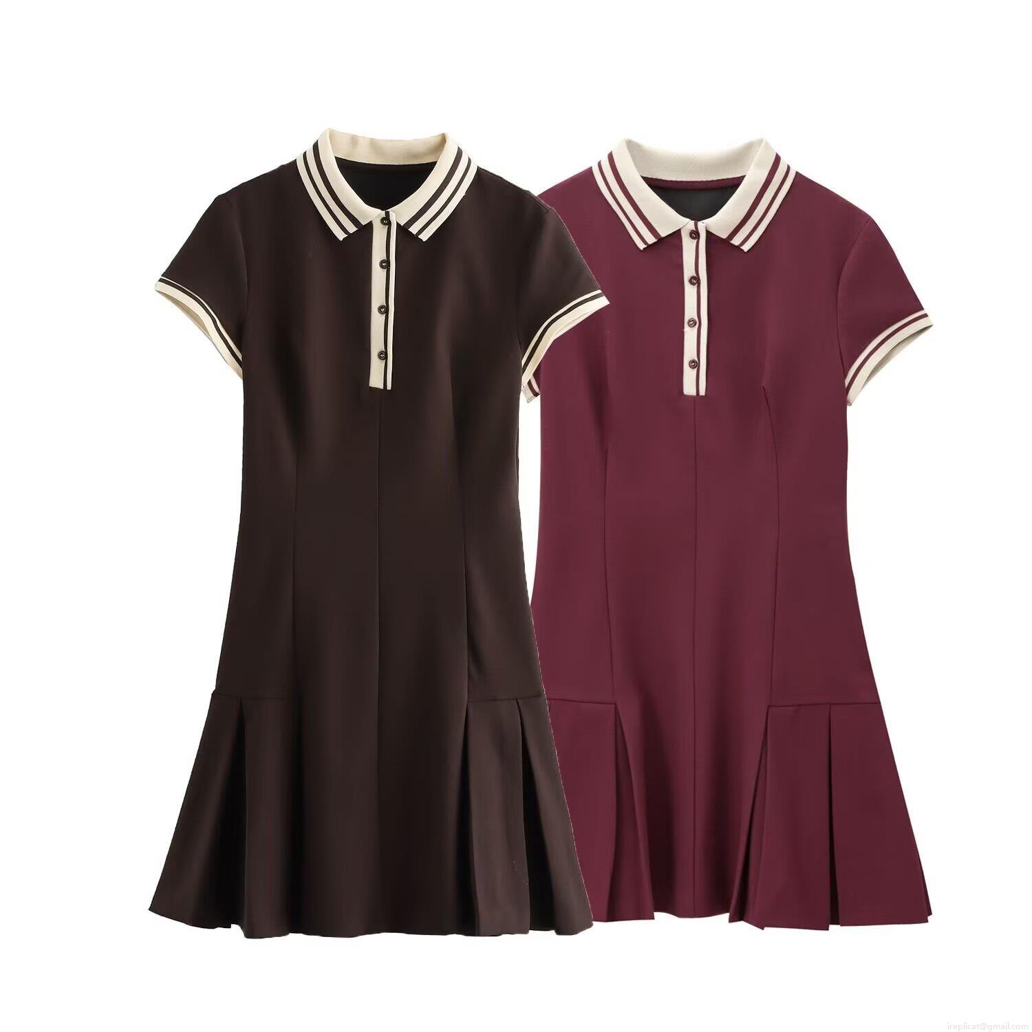 Women Preppy Style Polo Neck Short Sleeve Pleated Dress Contrast Stripe Ribbed Midi Dress Elegant Solid Color Knit Polyester Dress For Lady Women Preppy Style Polo Neck Short Sleeve Pleated Dress Contrast Stripe Ribbed Midi Dress Elegant Solid Color Knit Polyester Dress For Lady