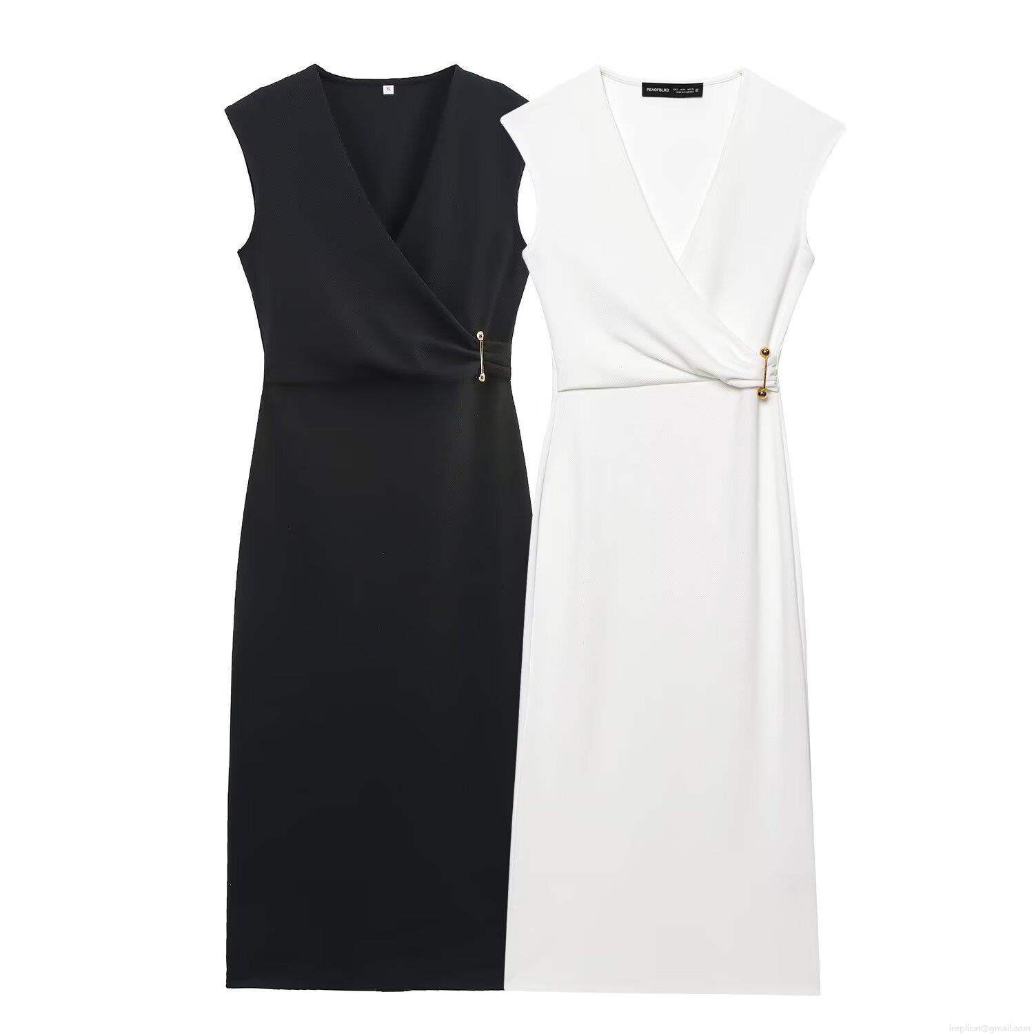Women's Sleeveless V-Neck Midi Dress Wrap Bodycon With Metal Pin Solid Polyester Cotton Elegant Office Cocktail Party Dress Women's Sleeveless V-Neck Midi Dress Wrap Bodycon With Metal Pin Solid Polyester Cotton Elegant Office Cocktail Party Dress