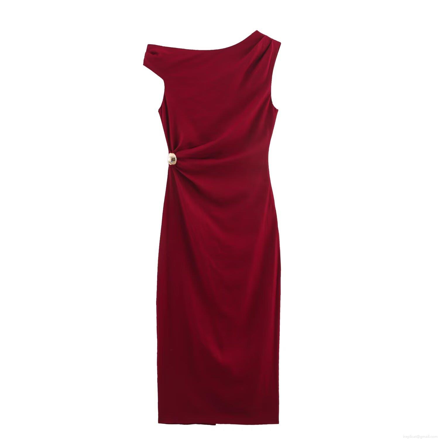Women's Elegant One-Shoulder Midi Dress Linen Blend Pleated Slim Fit Bodycon Cocktail Party Dress Burgundy Sleeveless With Metal Buckle Decoration Women's Elegant One-Shoulder Midi Dress Linen Blend Pleated Slim Fit Bodycon Cocktail Party Dress Burgundy Sleeveless With Metal Buckle Decoration