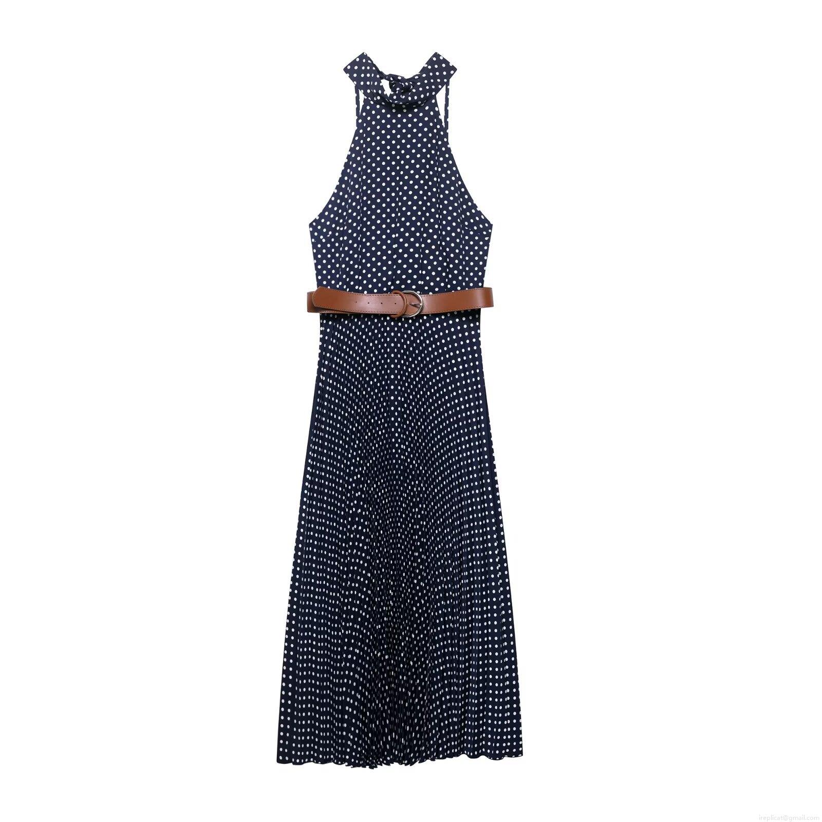 Elegant Polka Dot Halter Neck Midi Dress With Brown Belt Sleeveless Pleated Polyester Dress For Women Summer Retro Party Daily Wear Elegant Polka Dot Halter Neck Midi Dress With Brown Belt Sleeveless Pleated Polyester Dress For Women Summer Retro Party Daily Wear