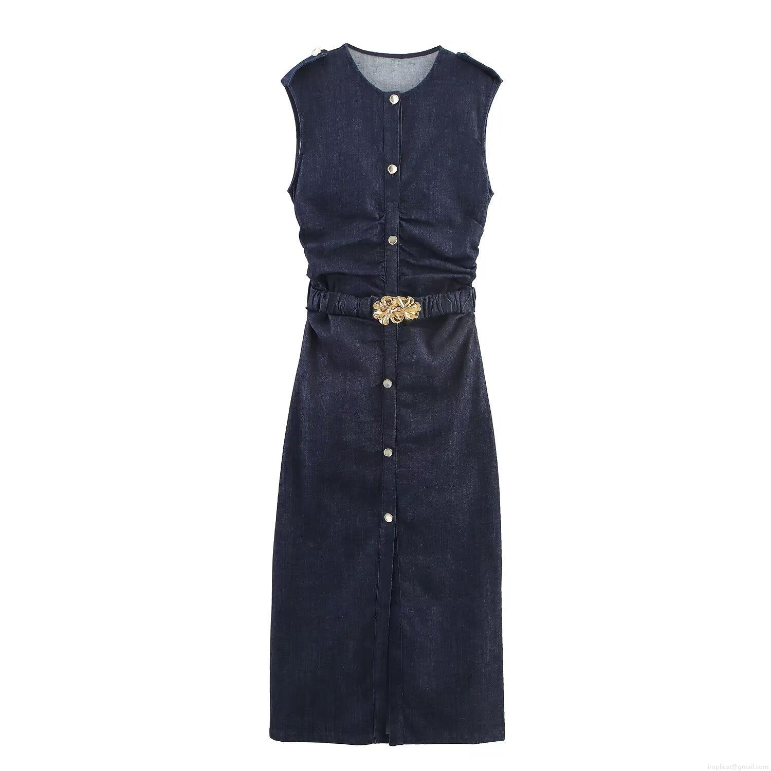 Women\'s Dark Blue Denim Sleeveless Midi Dress Elegant Pleated A-Line Dress With Gold Flower Buckle Belt Single Breasted Round Neck Dress For Women Party Social Wear Women\'s Dark Blue Denim Sleeveless Midi Dress Elegant Pleated A-Line Dress With Gold Flower Buckle Belt Single Breasted Round Neck Dress For Women Party Social Wear