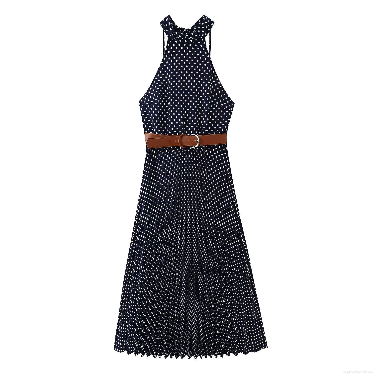 Vintage Navy Blue White Polka Dot Halter Neck Midi Pleated Dress With Brown Leather Belt Sleeveless Backless Elegant Party Vacation Dress For Women Vintage Navy Blue White Polka Dot Halter Neck Midi Pleated Dress With Brown Leather Belt Sleeveless Backless Elegant Party Vacation Dress For Women