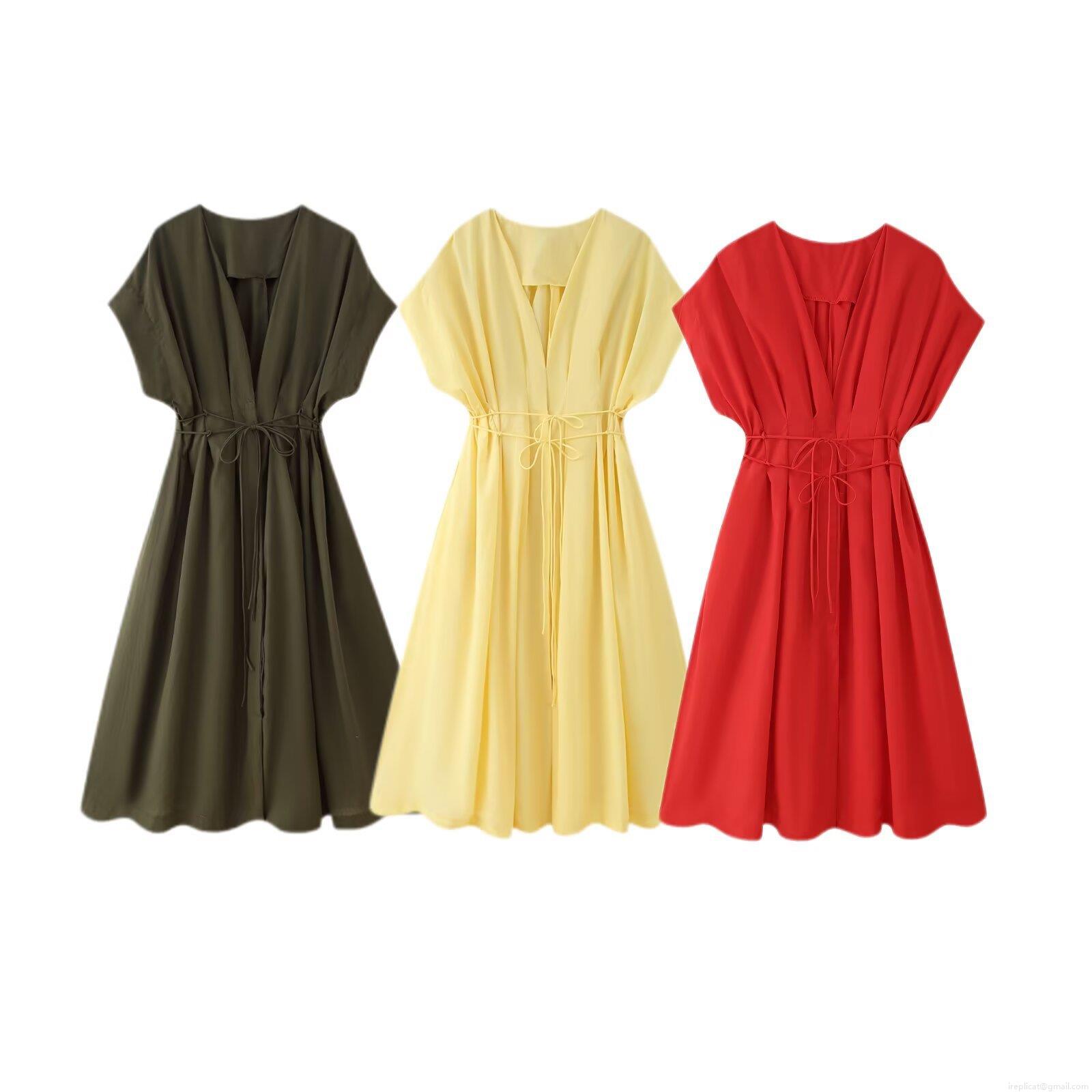 Women's V-Neck Short Sleeve Pleated Midi Dress High Density Combed Cotton Waist Tie Elegant Solid Color Wrap A-Line Dress For Summer Daily Party