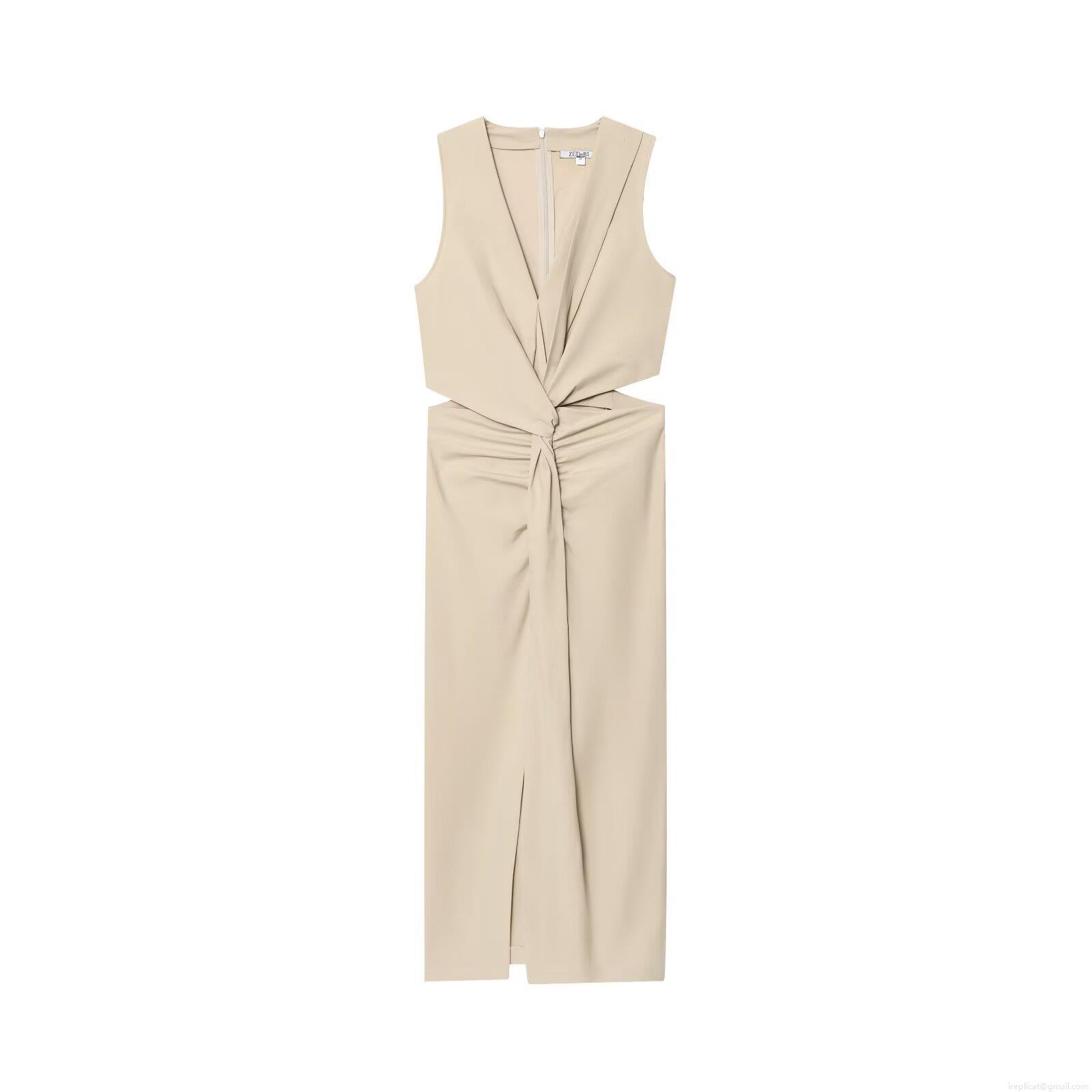 Women's Elegant V-Neck Sleeveless Midi Dress Polyester Blend High Stretch Cut-Out Waist Knot Detail Cocktail Party Bodycon Socialite Dress Women's Elegant V-Neck Sleeveless Midi Dress Polyester Blend High Stretch Cut-Out Waist Knot Detail Cocktail Party Bodycon Socialite Dress