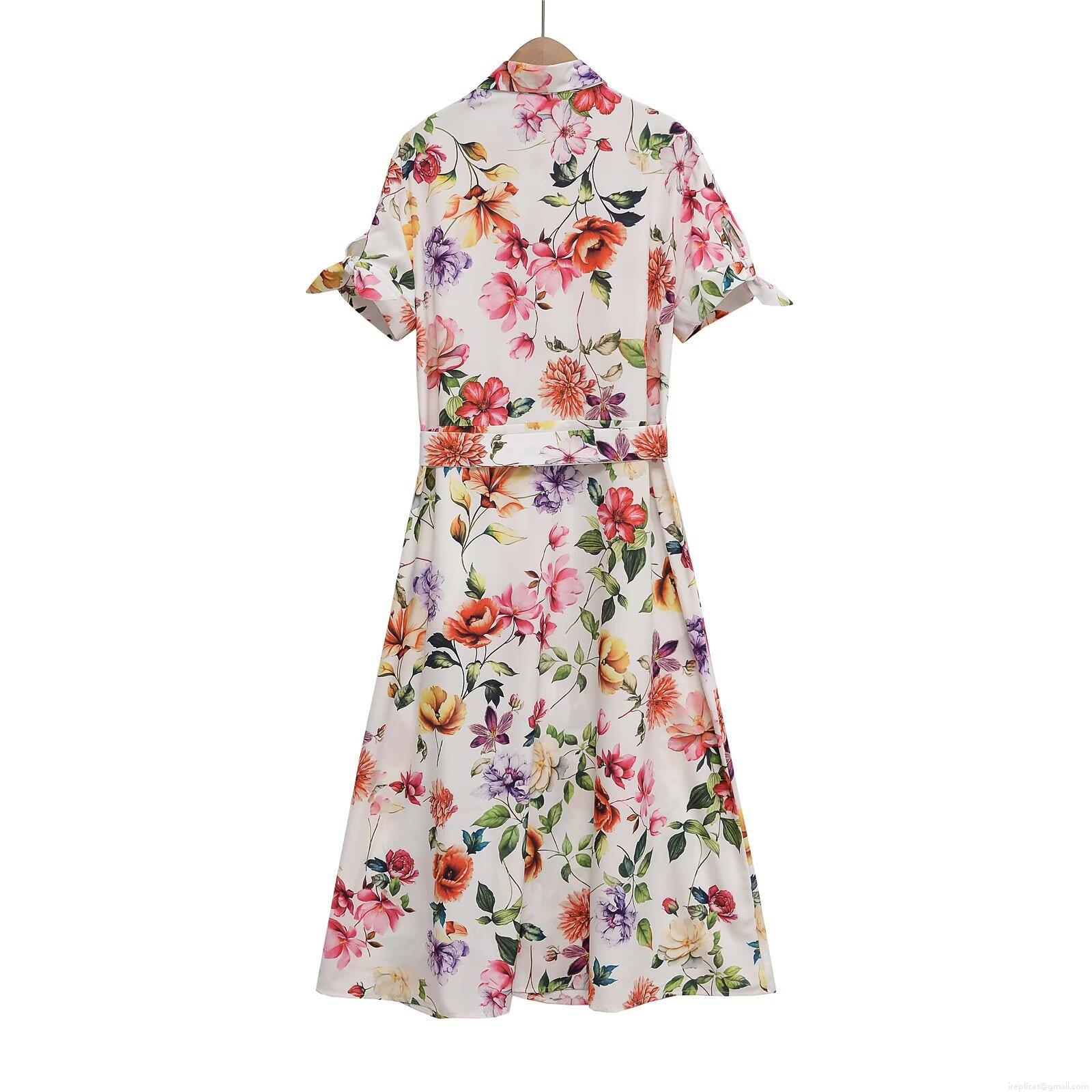 Women\'s Floral Print Midi Shirt Dress Elegant Short Sleeve Button Up Lapel Casual Summer Long Dress With Belt High Quality Polyester Fabric Women Clothing