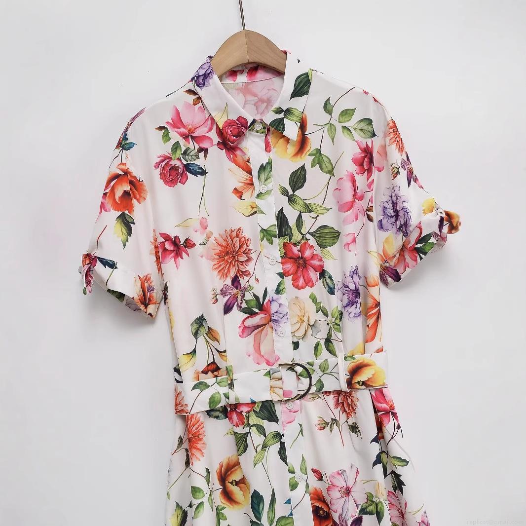 Women\'s Floral Print Midi Shirt Dress Elegant Short Sleeve Button Up Lapel Casual Summer Long Dress With Belt High Quality Polyester Fabric Women Clothing