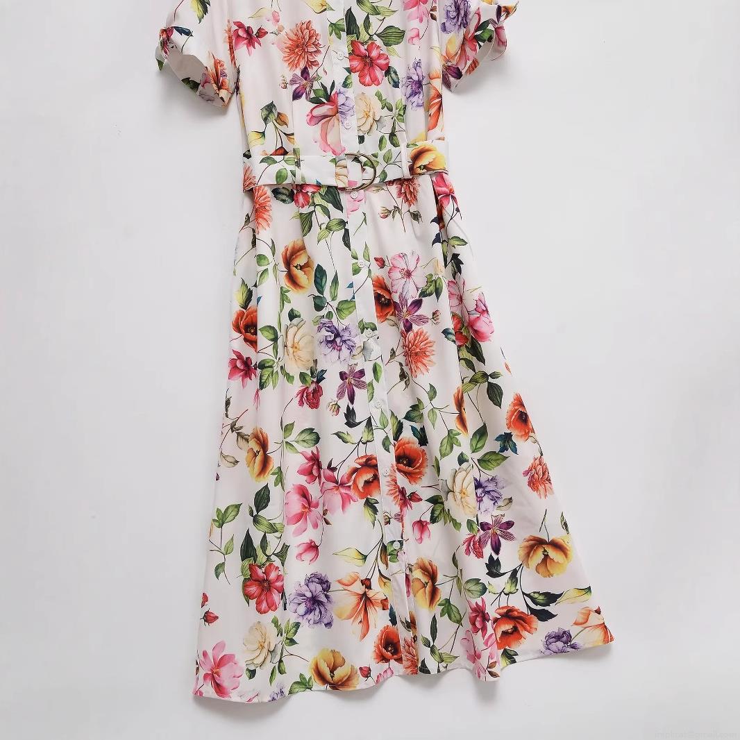 Women\'s Floral Print Midi Shirt Dress Elegant Short Sleeve Button Up Lapel Casual Summer Long Dress With Belt High Quality Polyester Fabric Women Clothing