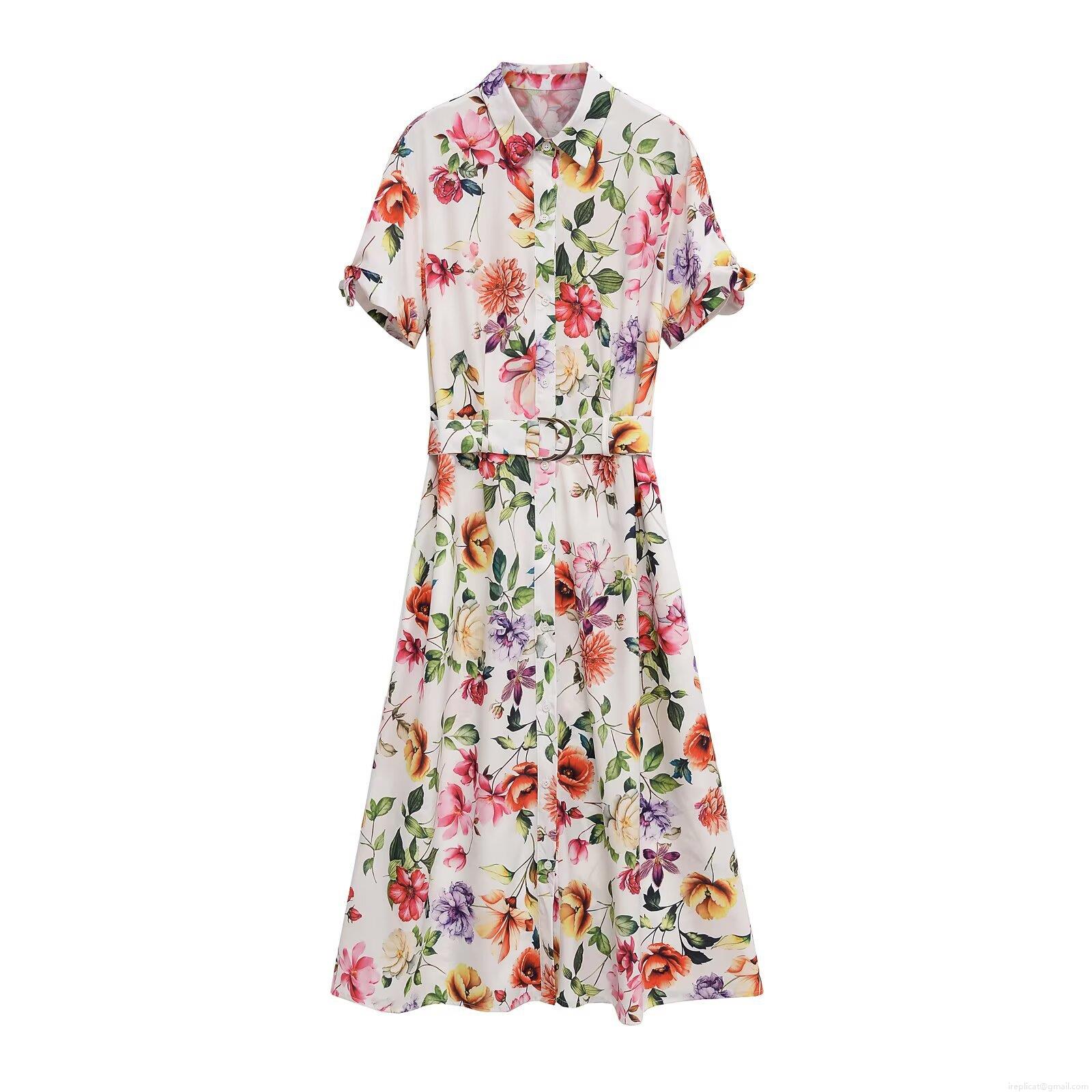 Women\'s Floral Print Midi Shirt Dress Elegant Short Sleeve Button Up Lapel Casual Summer Long Dress With Belt High Quality Polyester Fabric Women Clothing