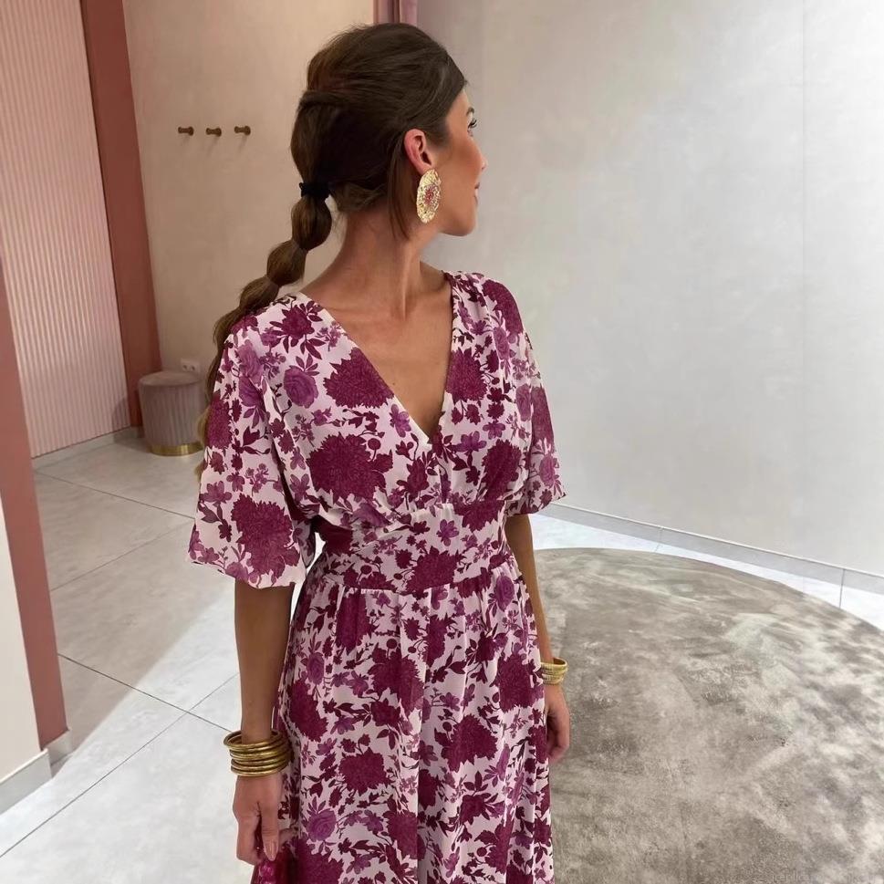 Women's Elegant V-Neck Floral Print Dress Short Sleeve Chiffon Feel Midi Long Dress For Summer Casual Party Wedding Guest Socialite Style Women's Elegant V-Neck Floral Print Dress Short Sleeve Chiffon Feel Midi Long Dress For Summer Casual Party Wedding Guest Socialite Style