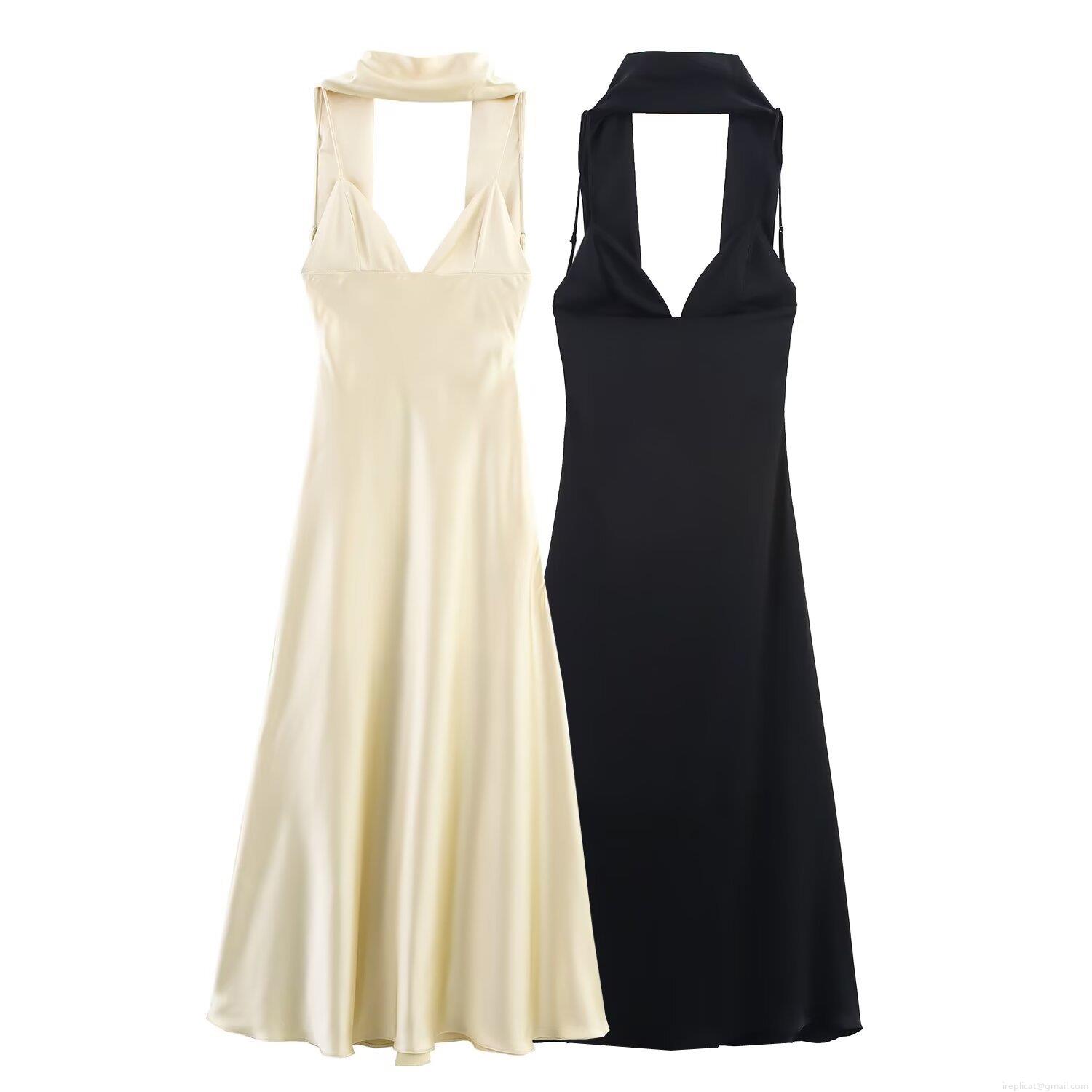 Women Elegant Satin Halter V-Neck Midi Dress Sexy Backless Tie Scarf Detail Evening Party Club Wear Solid Color Sleeveless Long Dress Women Elegant Satin Halter V-Neck Midi Dress Sexy Backless Tie Scarf Detail Evening Party Club Wear Solid Color Sleeveless Long Dress