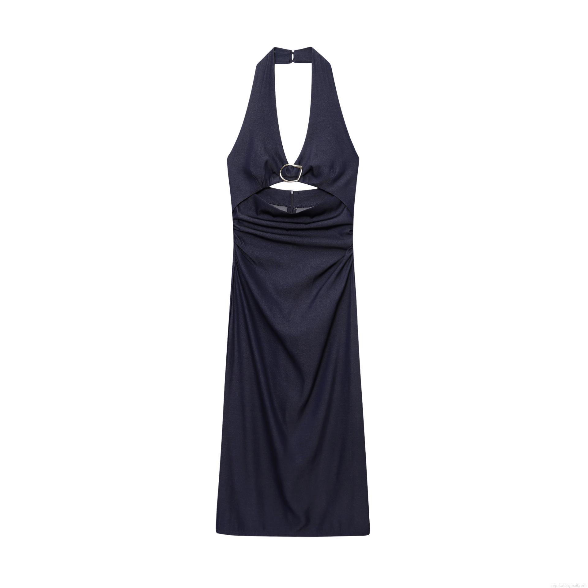 Women's Halter Neck Midi Dress Dark Blue Polyester Ruched Waist Cutout Dress With Metal Ring Elegant Sexy Backless Slit Hem Party Dress For Women Women's Halter Neck Midi Dress Dark Blue Polyester Ruched Waist Cutout Dress With Metal Ring Elegant Sexy Backless Slit Hem Party Dress For Women