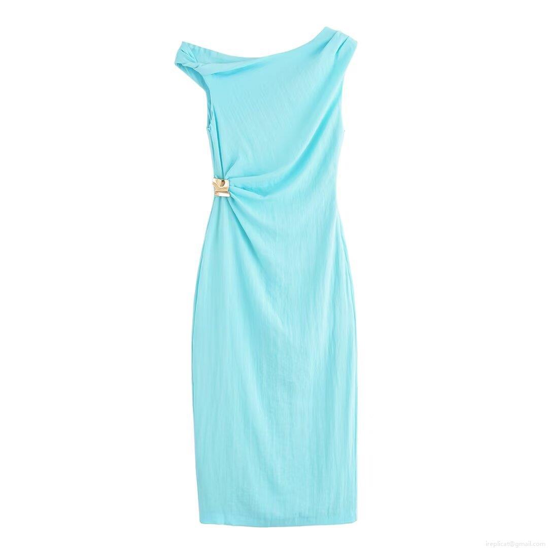 Women Asymmetric One Shoulder Midi Dress Elegant Solid Color Textured Polyester Pleated Bodycon Dress With Metal Buckle And Back Slit For Evening Party Wedding Women Asymmetric One Shoulder Midi Dress Elegant Solid Color Textured Polyester Pleated Bodycon Dress With Metal Buckle And Back Slit For Evening Party Wedding