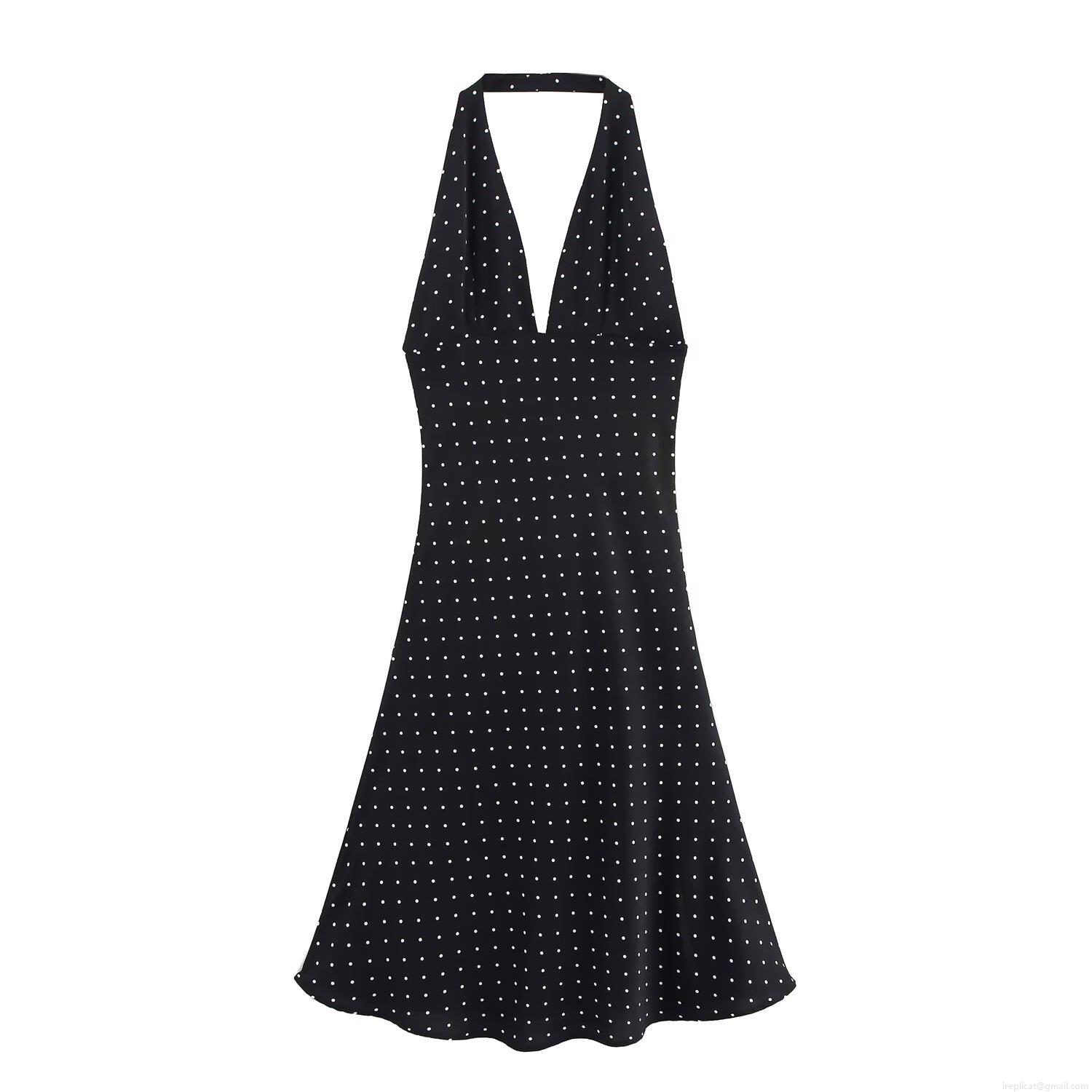 Women Sexy Polka Dot Halter Neck Deep V Neck Backless Midi Dress Retro Elegant A-Line Summer Party Sleeveless Vestidos Women Sexy Polka Dot Halter Neck Deep V Neck Backless Midi Dress Retro Elegant A-Line Summer Party Sleeveless Vestidos